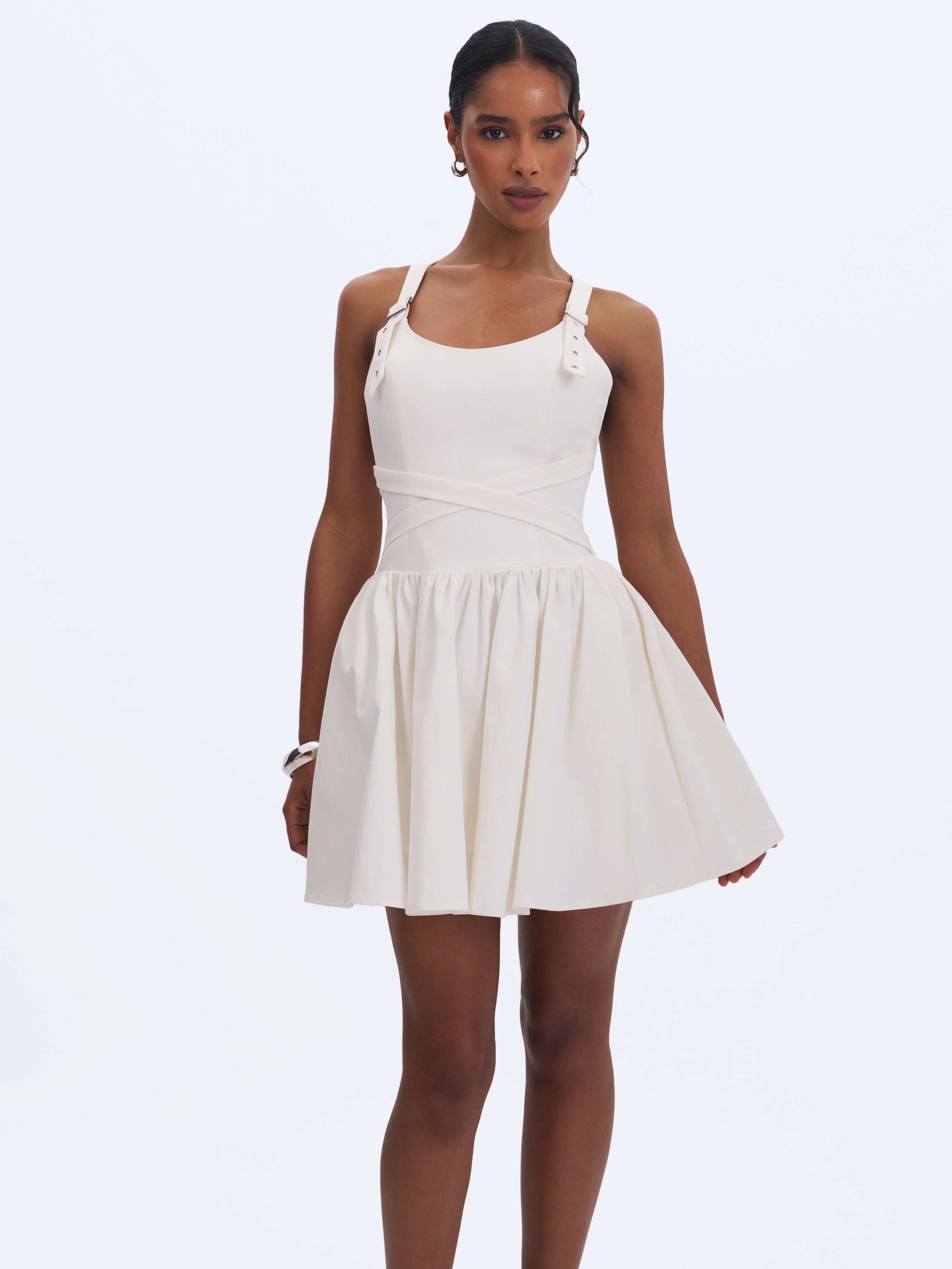 Francine White Cotton Denim Crossover Strap Mini Dress