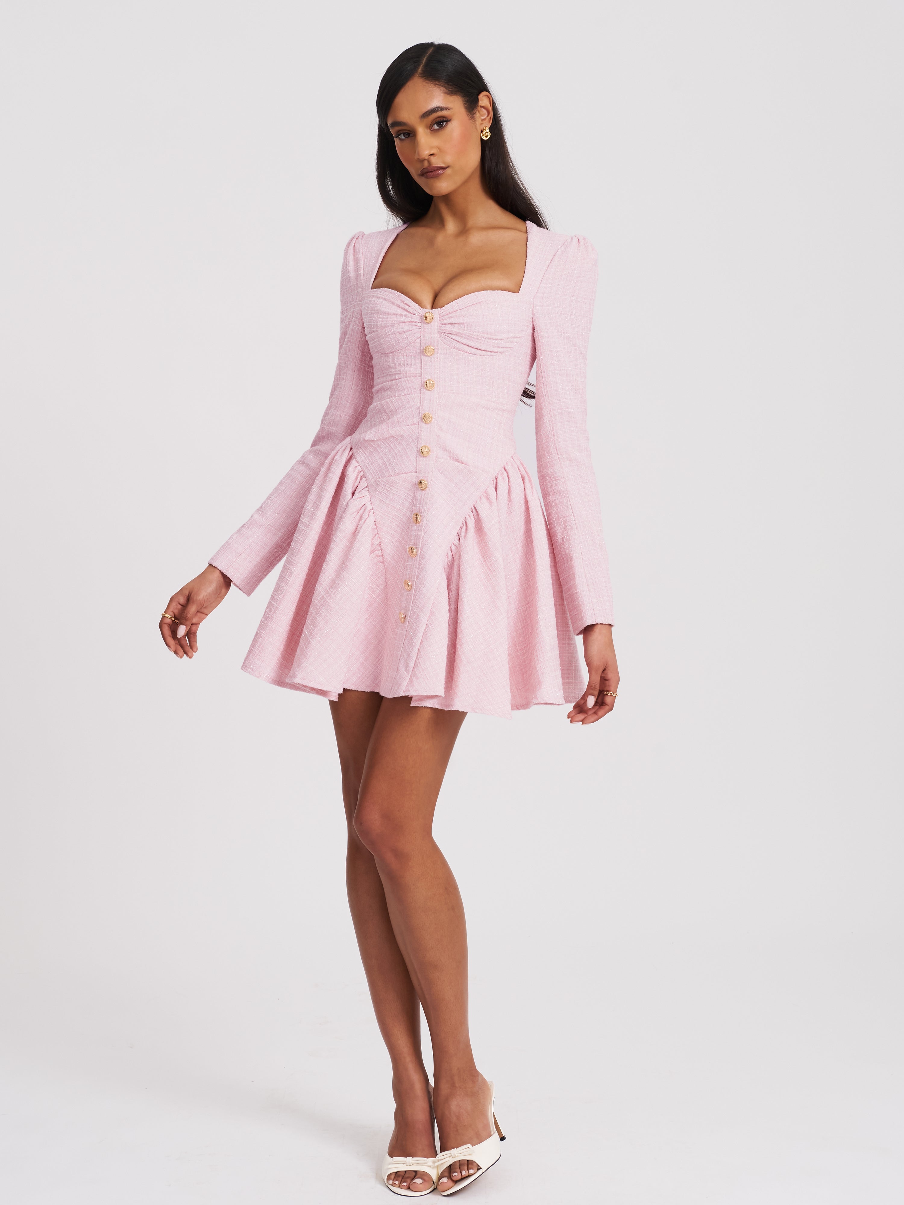 Tae Pink Tweed Long Sleeve Drop Waist Mini Dress (Archive Sale)