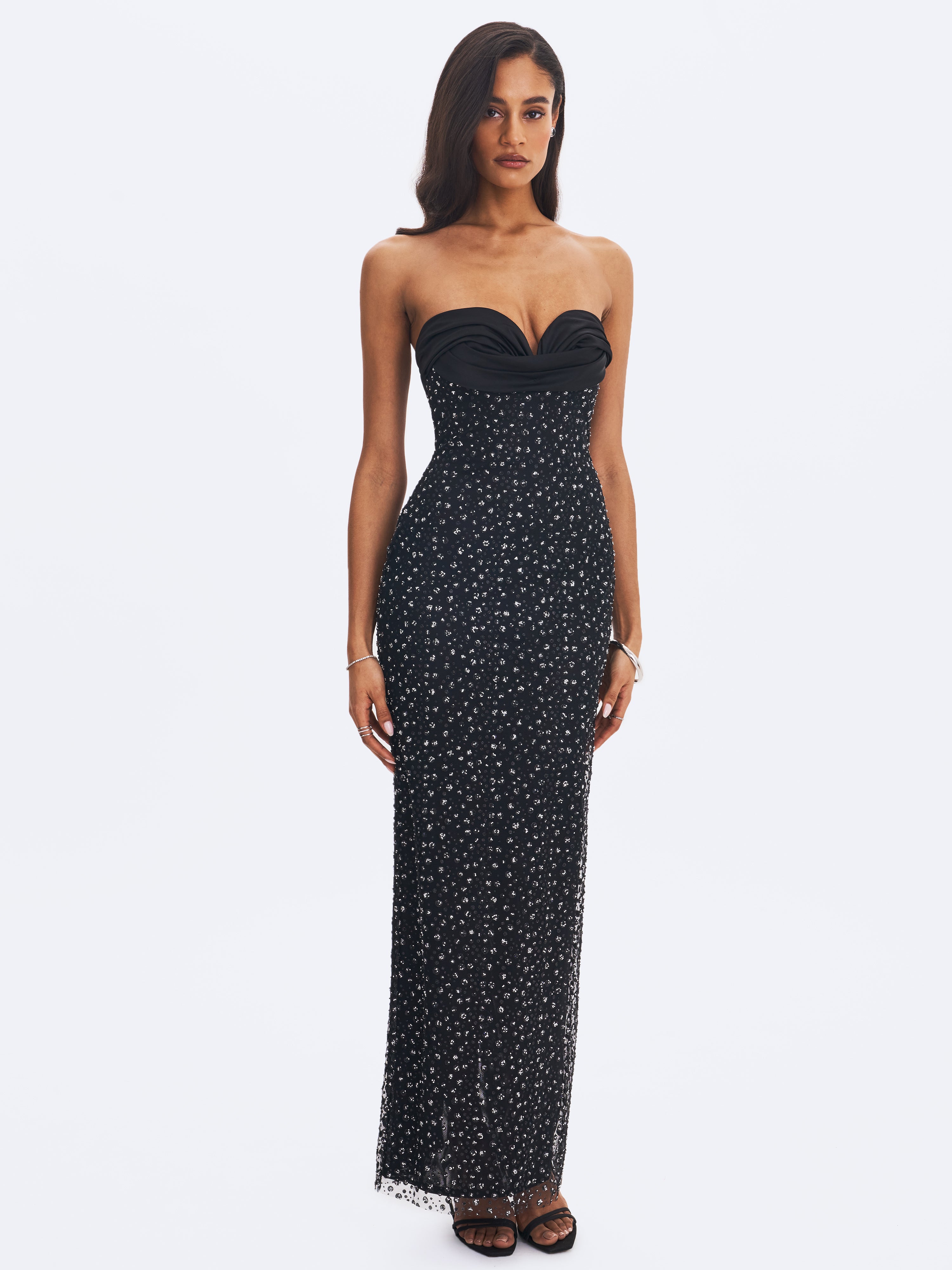 Preslie Black Satin & Crystal Mesh Sheath Maxi Dress