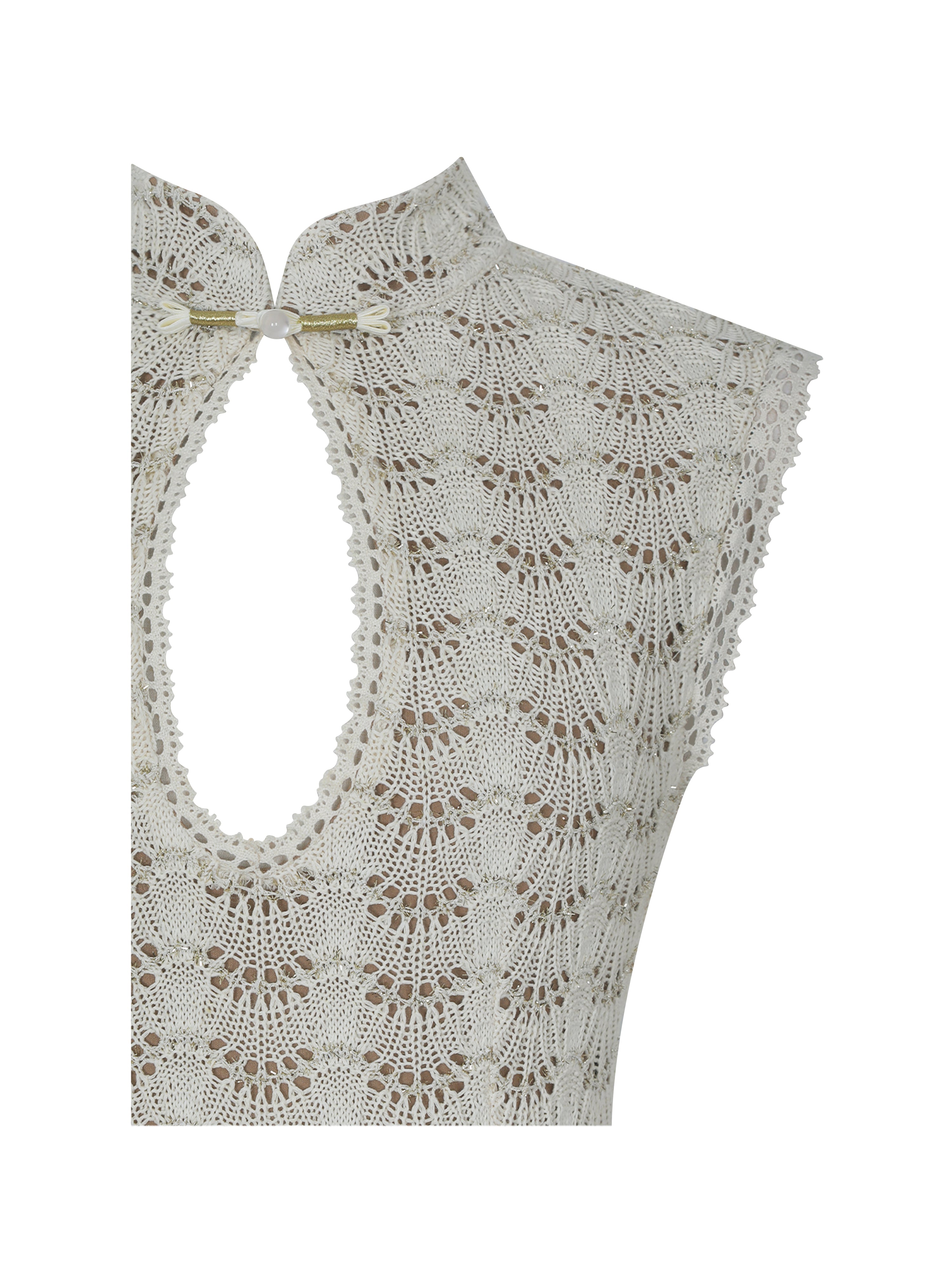 Xylona Beige & Gold Crochet Teardrop Neckline Mermaid Maxi Dress