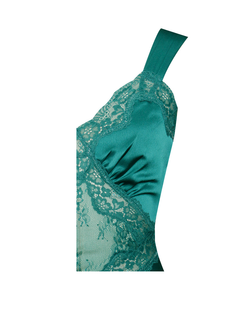 Perley Teal Satin and Lace Midi Dress