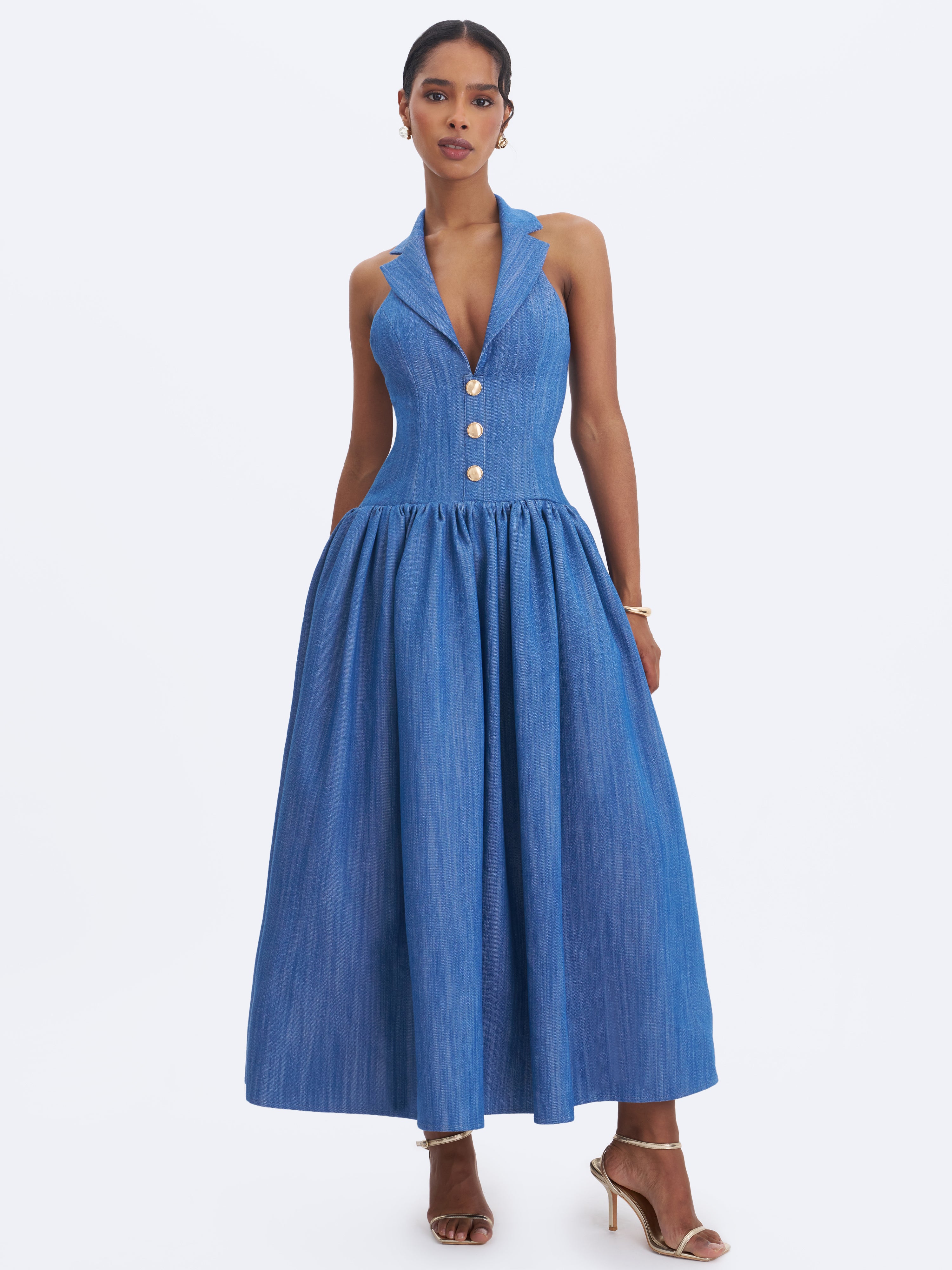 Xyan Navy Denim Lapel Halter A-Line Midi Dress