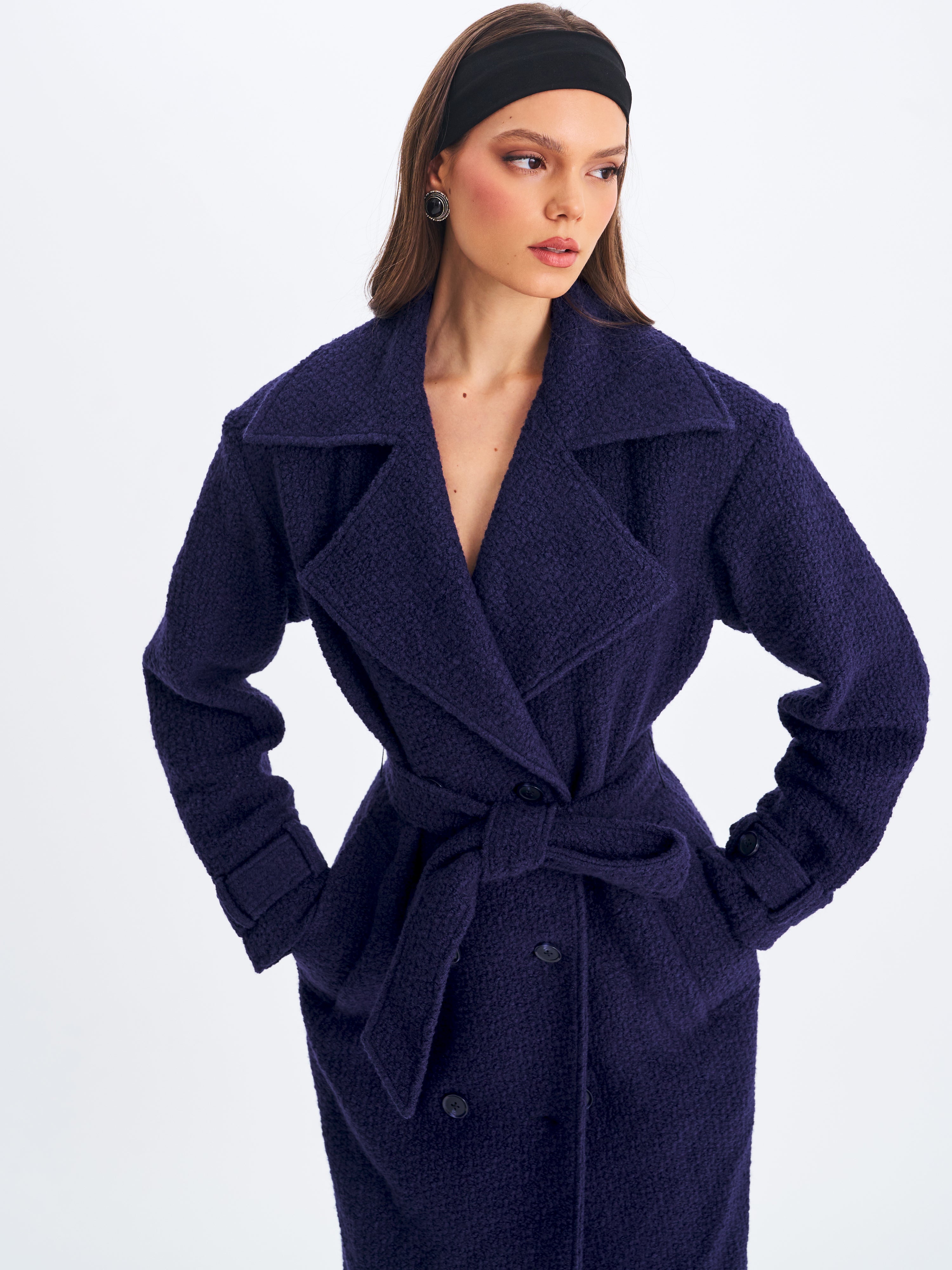 Jaelyn Midnight Blue Wool Blend Double-Breasted Belted Coat