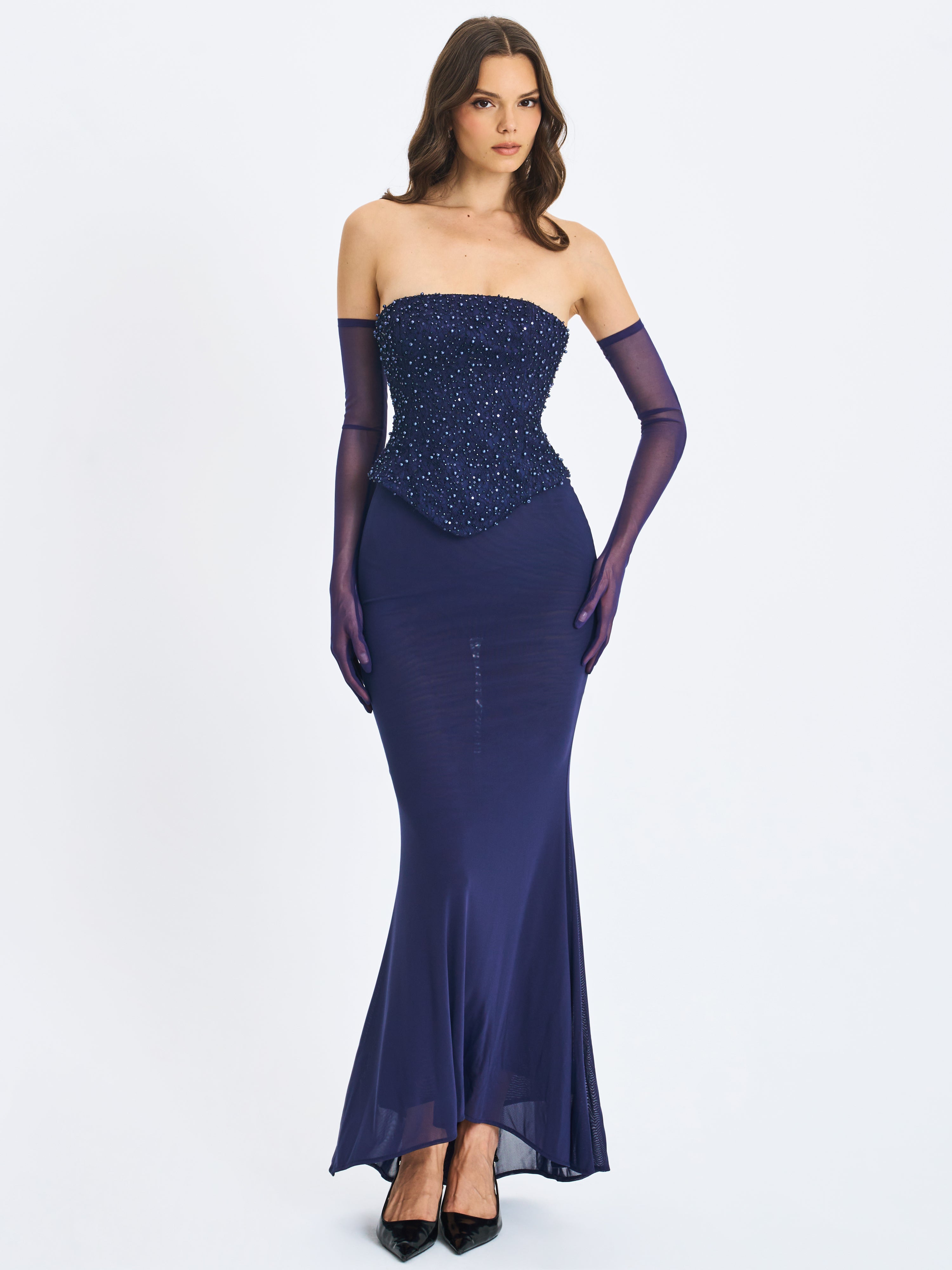 Orabelle Navy Beaded Peplum Mermaid Gown with Lace-up Back