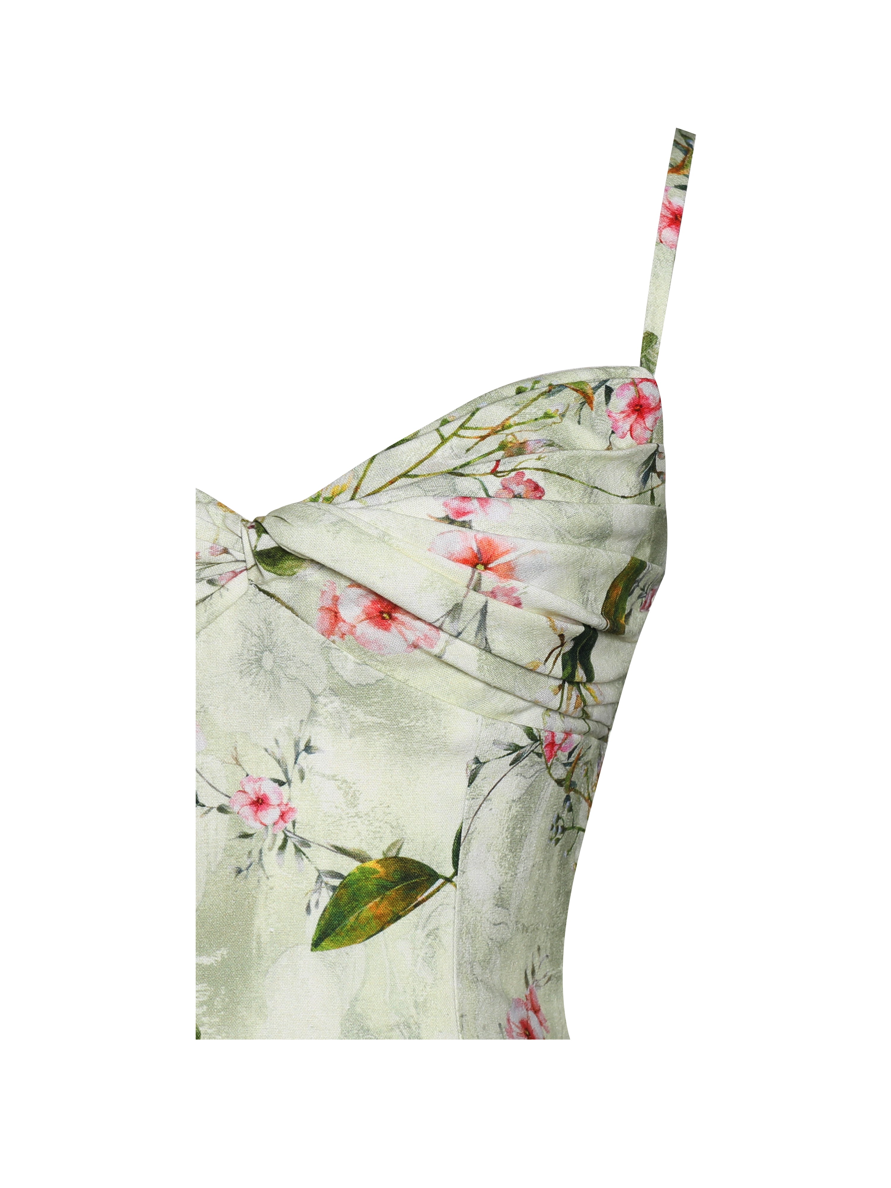 Jacinda Green Floral Print Ruched Breast Linen Midi Dress