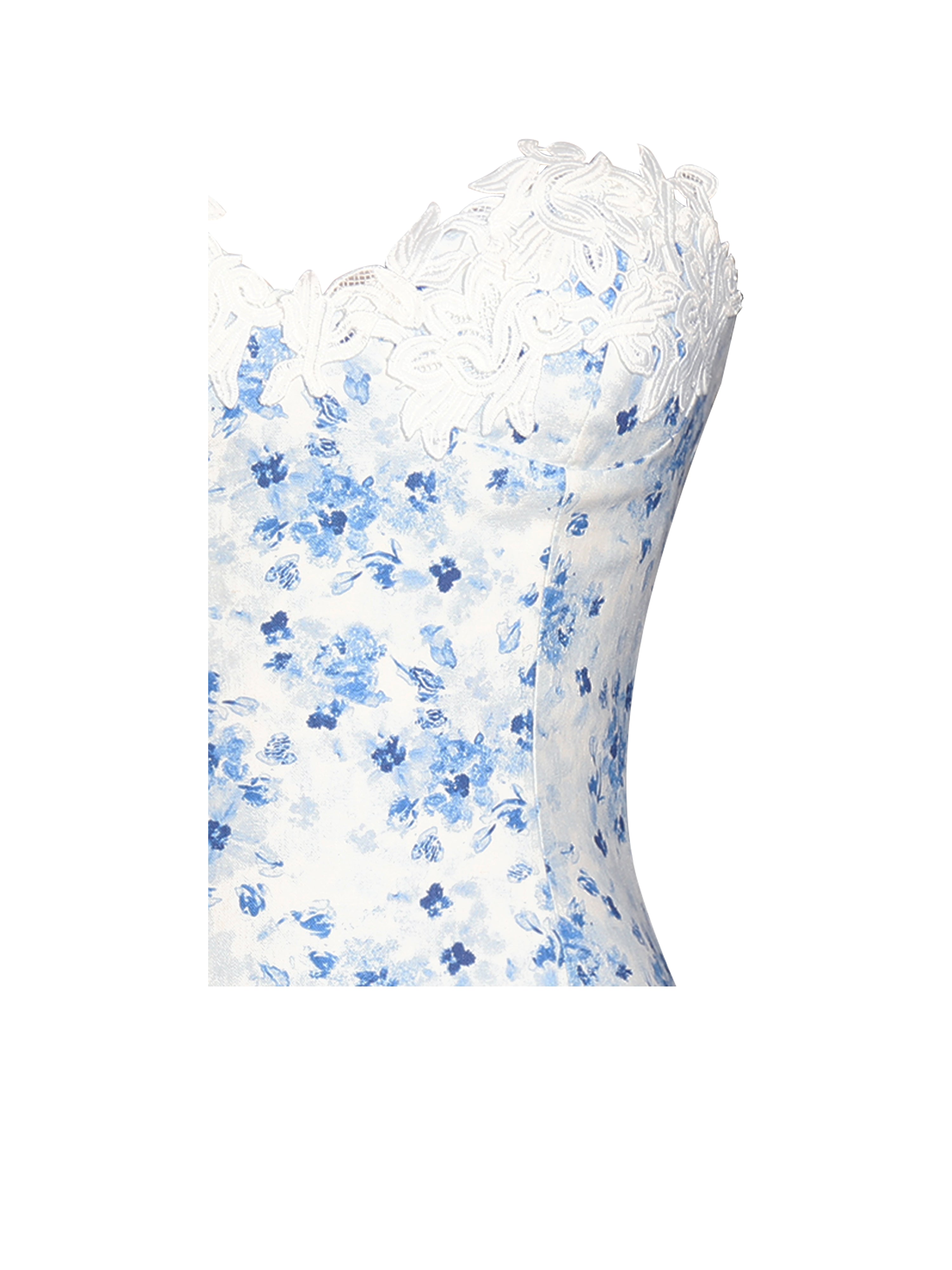 Taleah Blue Floral Print Linen Mini Dress with Lace Trim