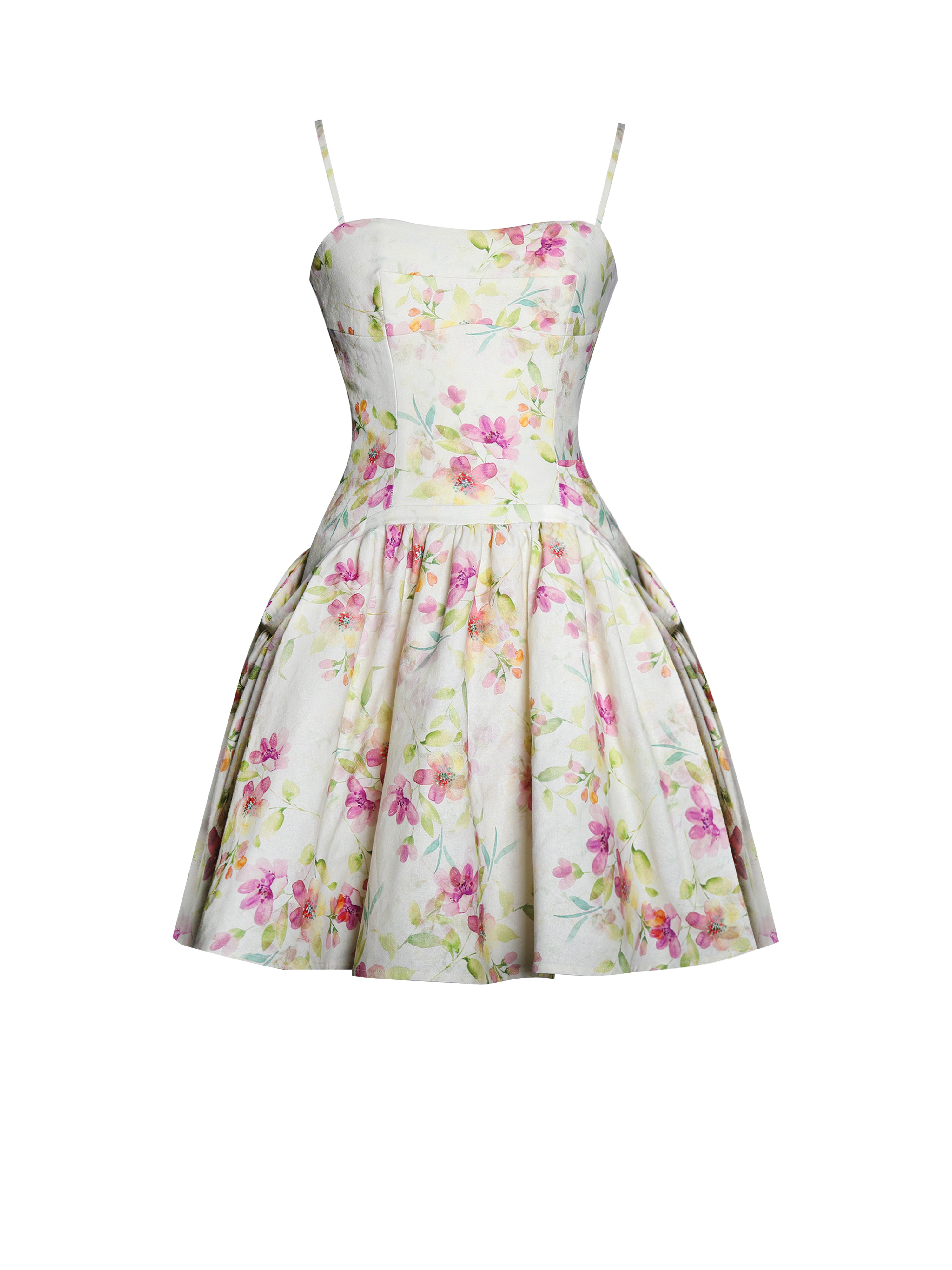 Valda Yellow and Pink Print Linen Mini Dress with Pockets