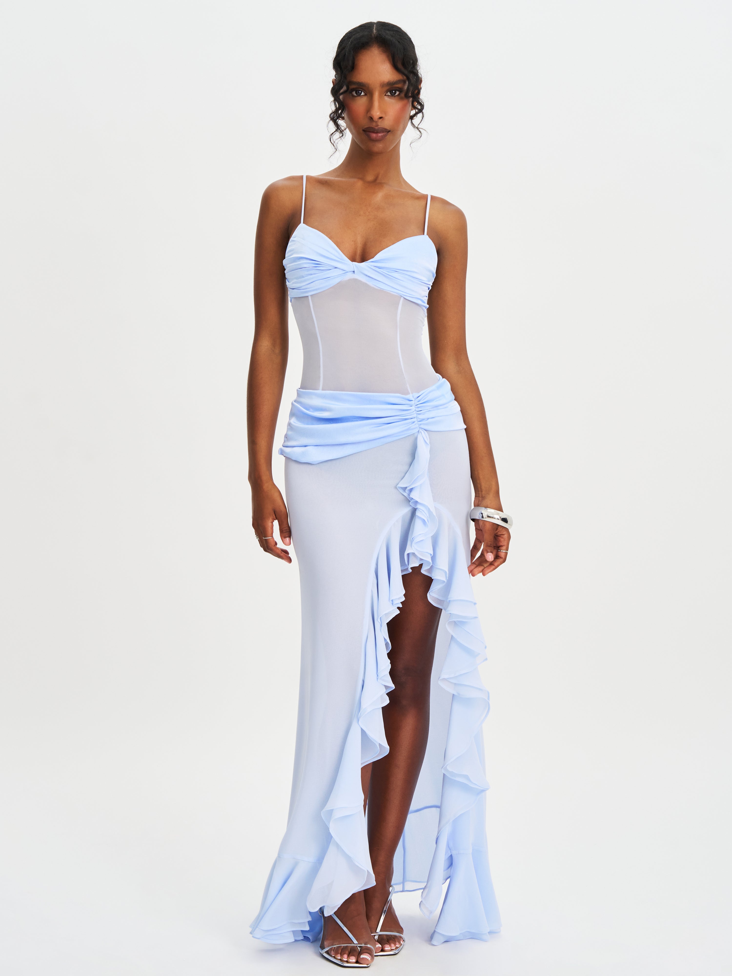 Lacy Blue Ruched Breast High Slit Chiffon Dress