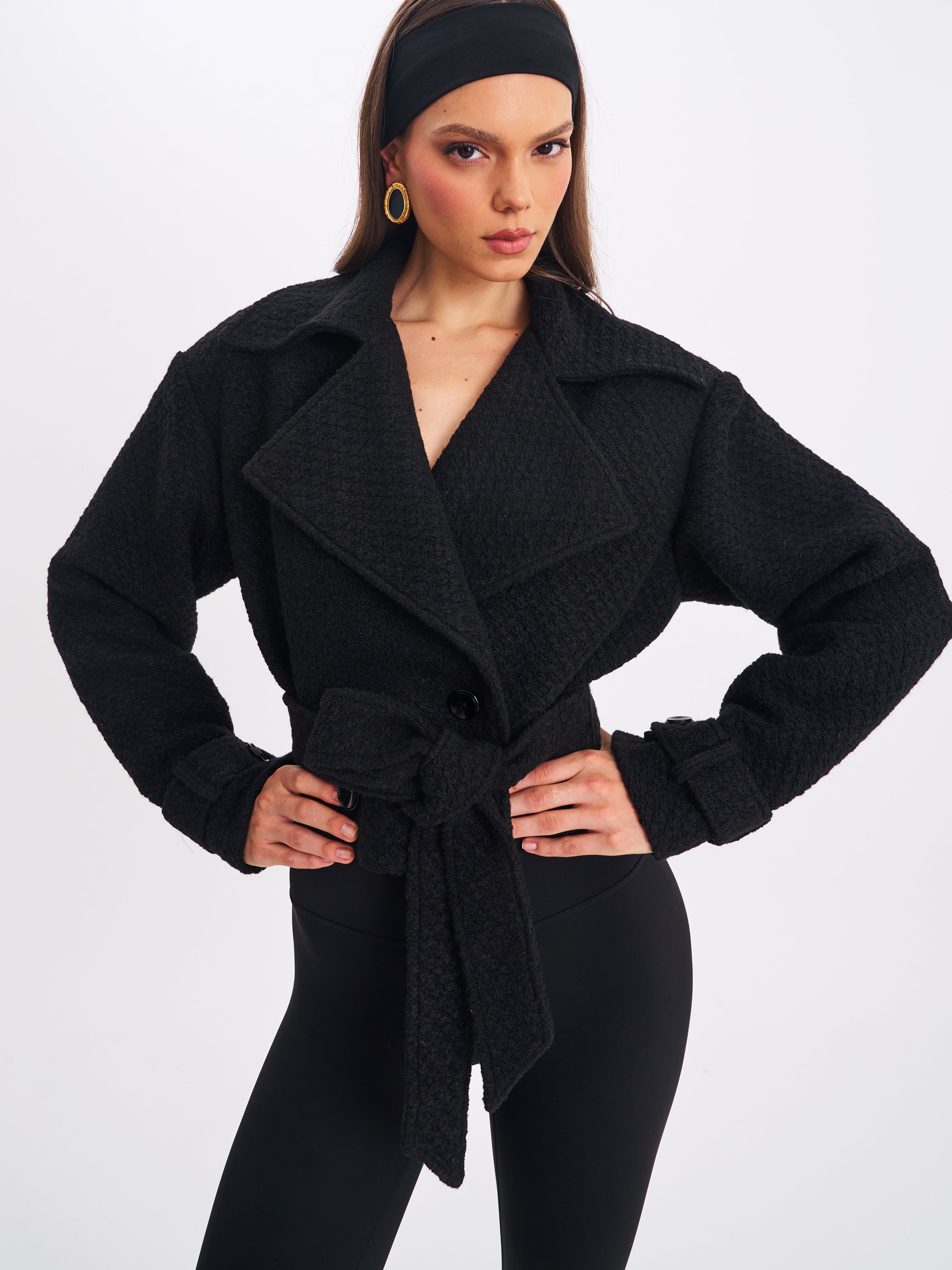 Dara Black Wool Blend Cropped Double-Breasted Belted Coat