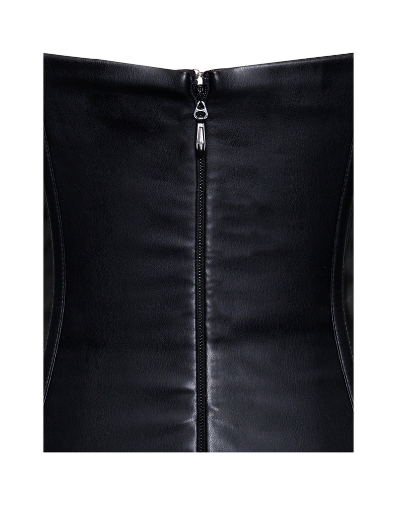 Maayan Black Vegan Leather Corset High Slit Drop Waist Maxi Dress