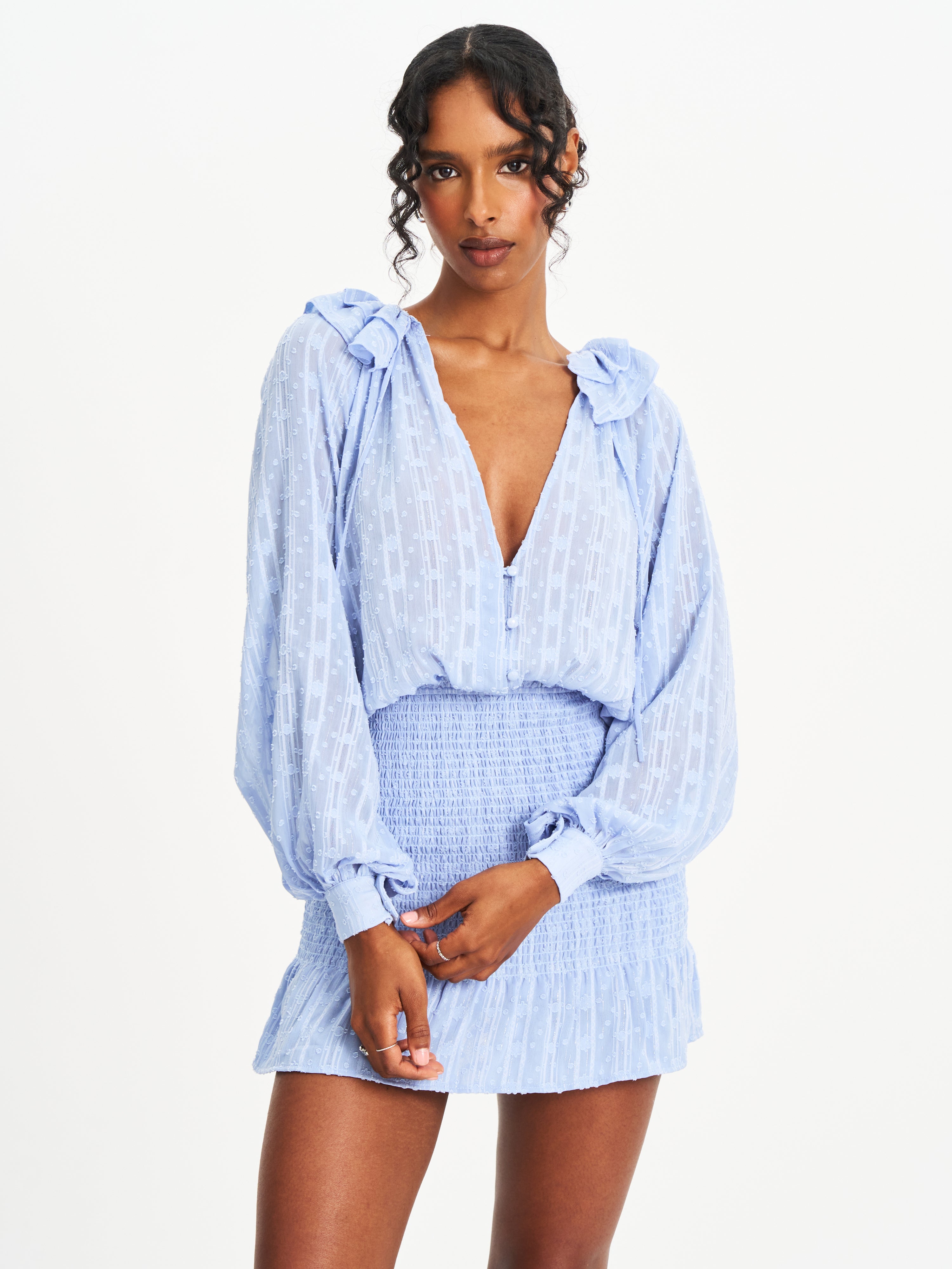 Zahari Blue Smock Bottom Balloon Sleeve Mini Dress