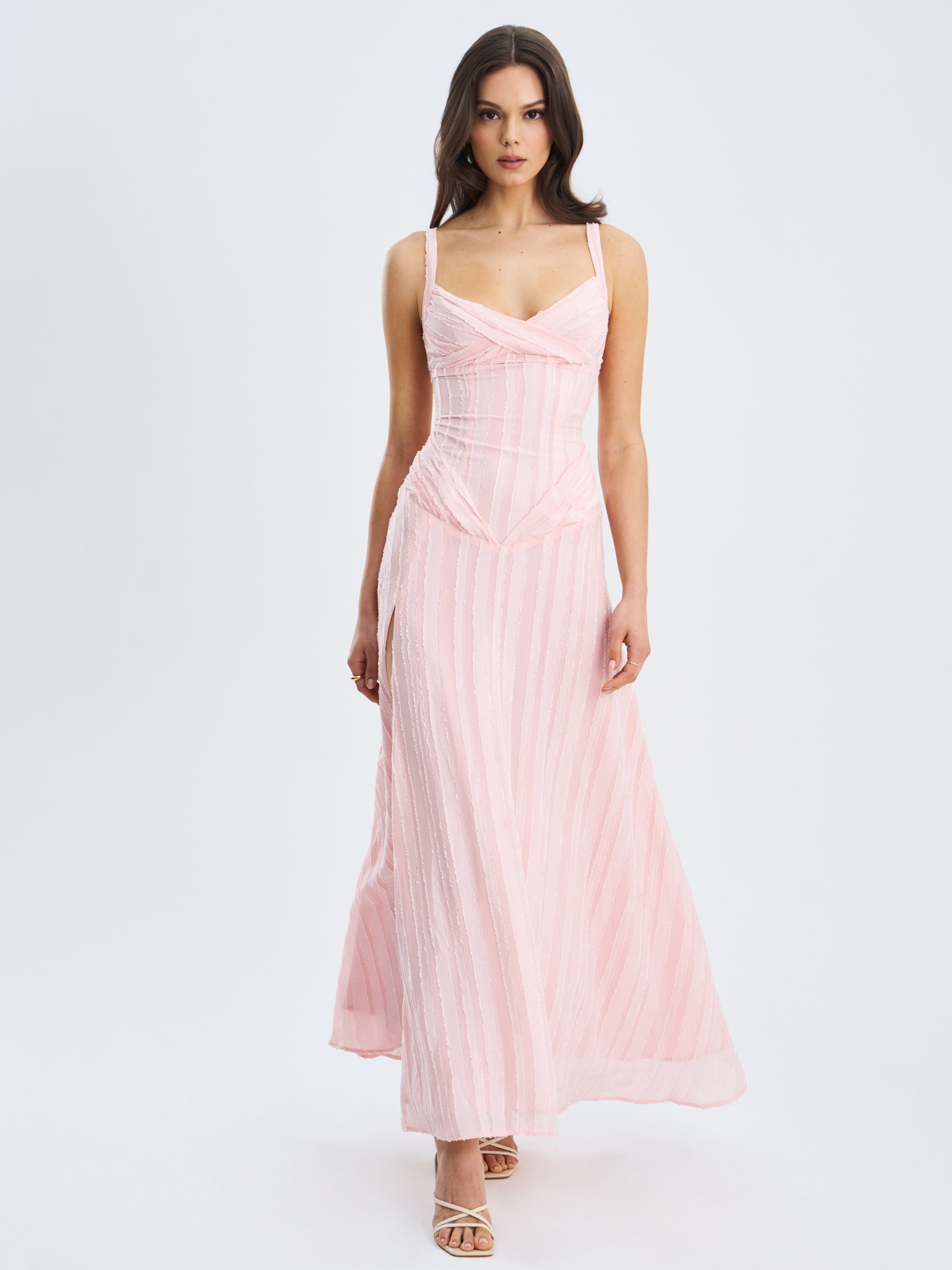 Mallory Baby Pink Stripe Jacquard High Slit Gown
