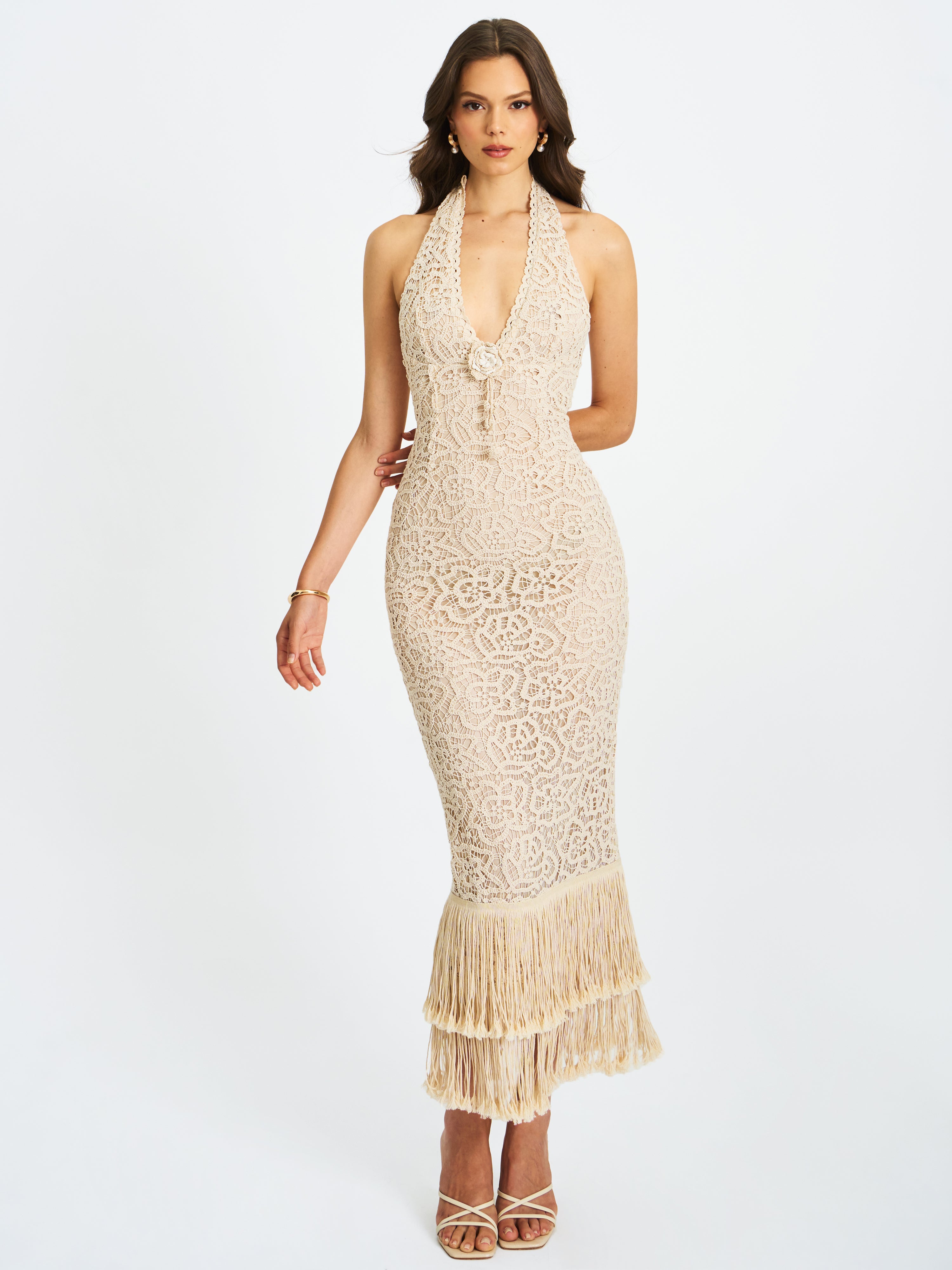 Faelyn Off-White Double Fringe Crochet Halter Maxi Dress