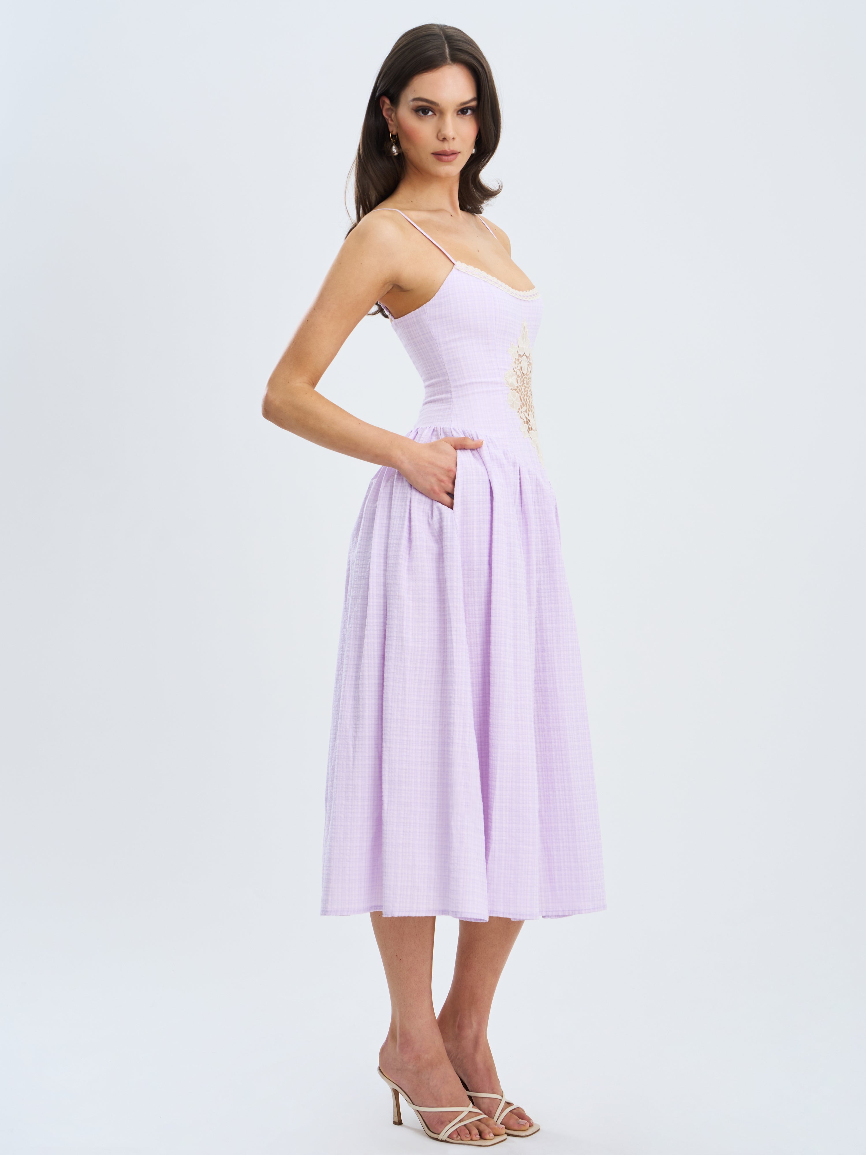 Jaclyn Lavender Lace Trim Cutout Seersucker Midi Dress