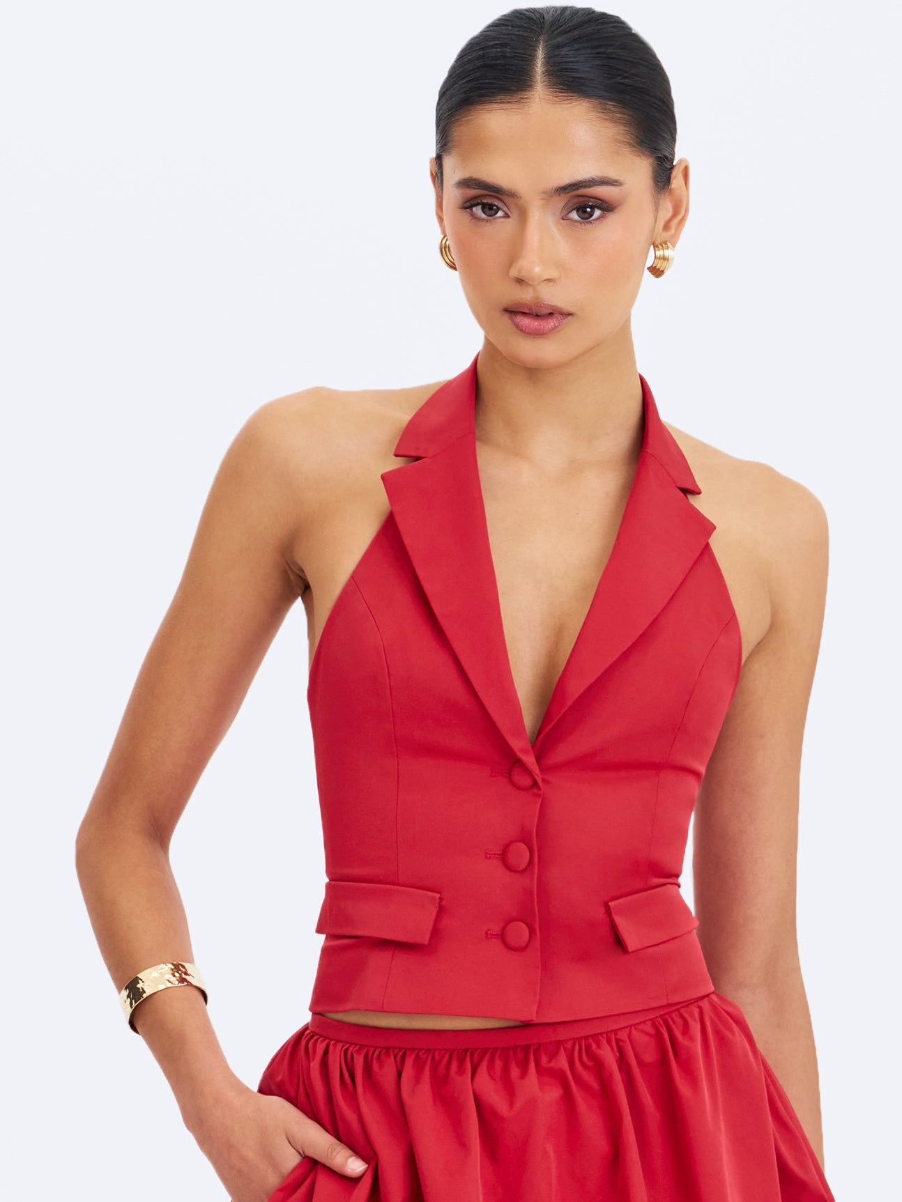 Ursella Crimson Halter Single-Breasted Lapel Top