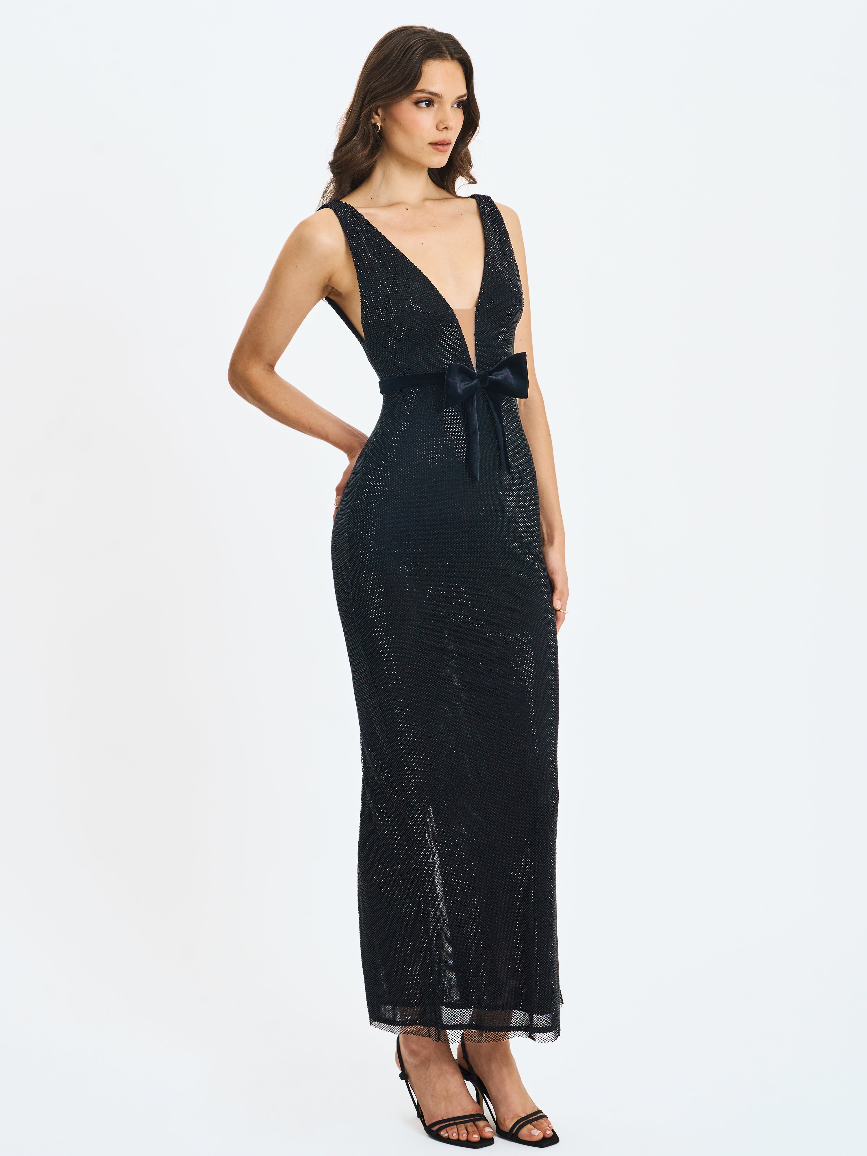 Olympia Black Belted Bow Plunging Rhinestone Maxi Dress