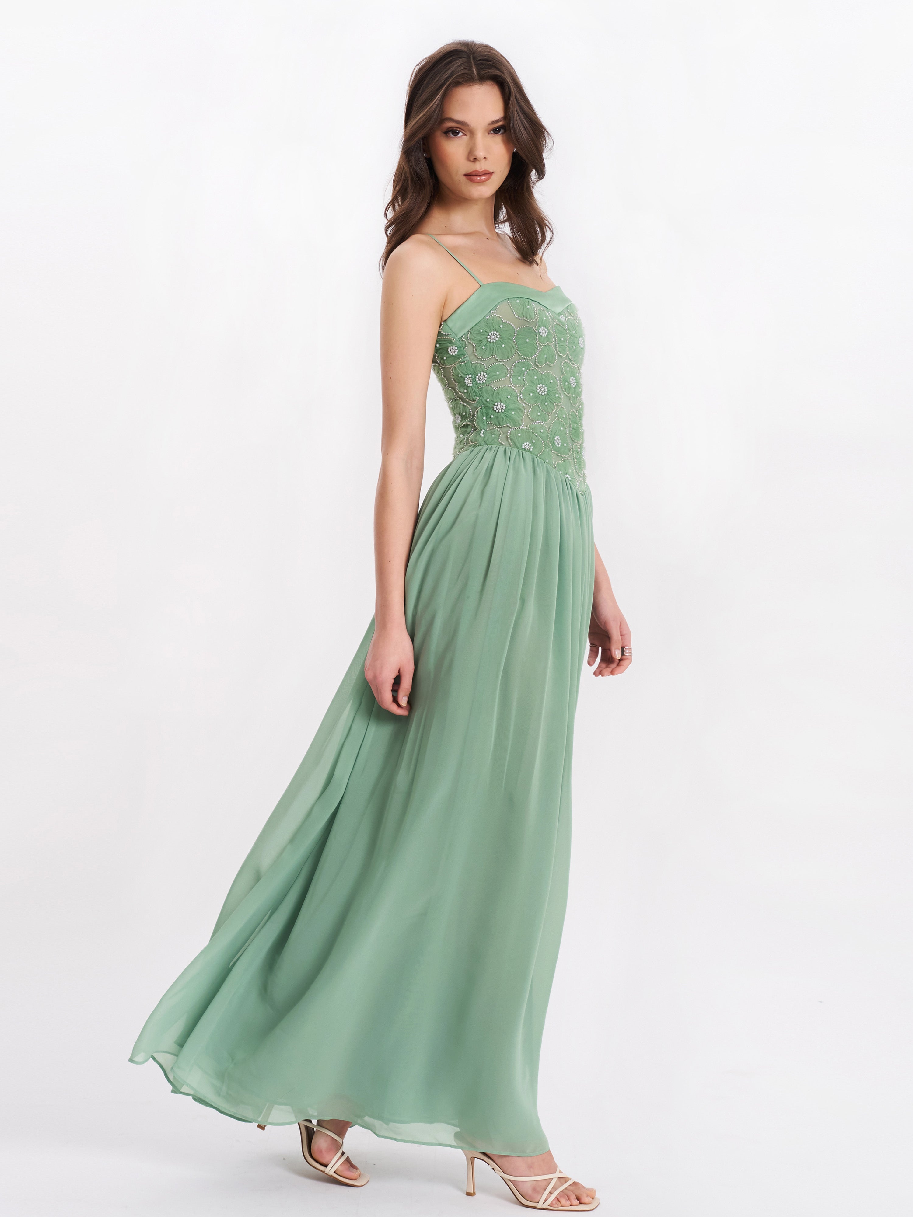 Ucille Sage Green Embroidered Chiffon Maxi Dress (Archive Sale)