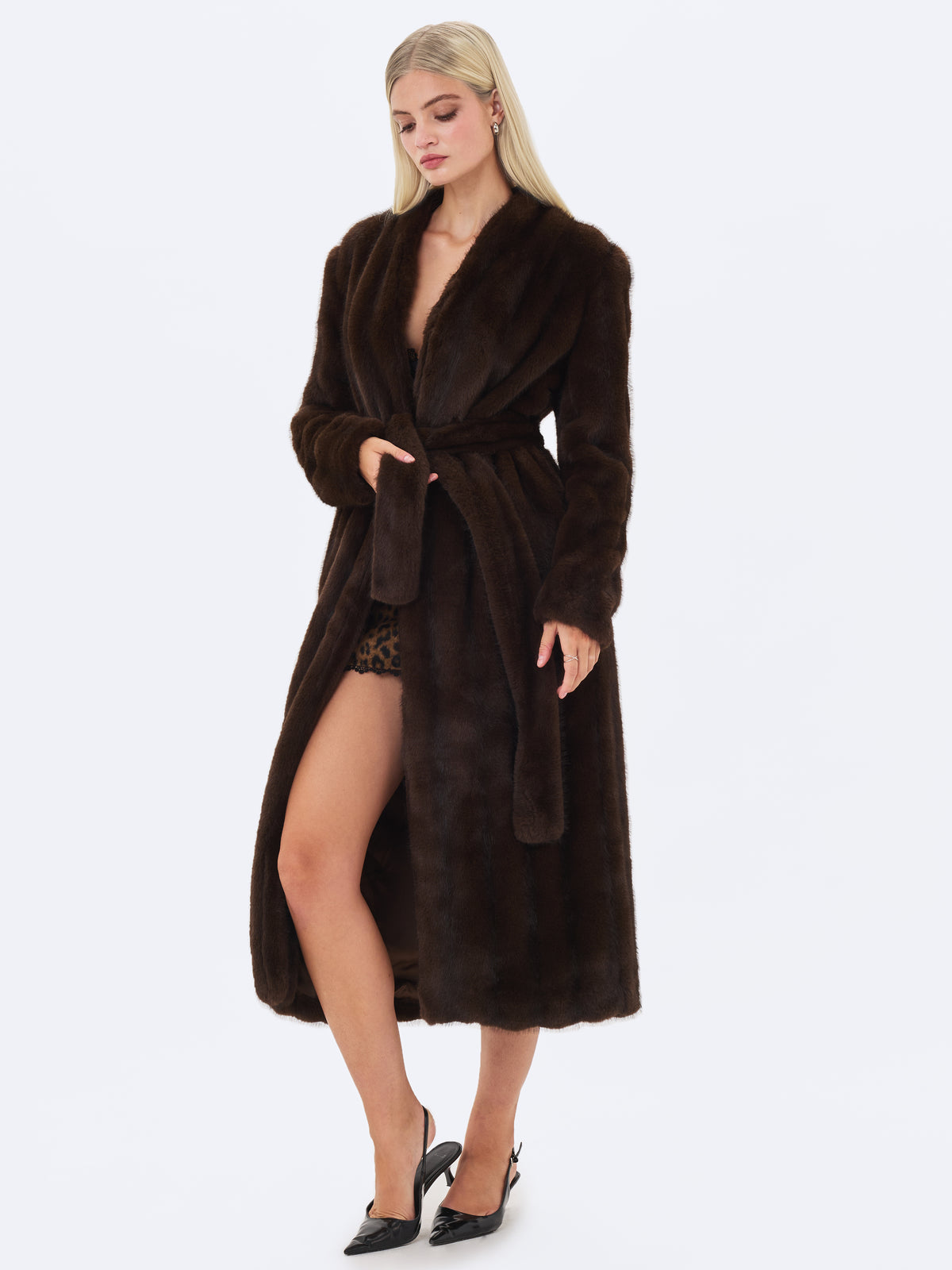 Celine Espresso Faux Mink Belted Longline Coat