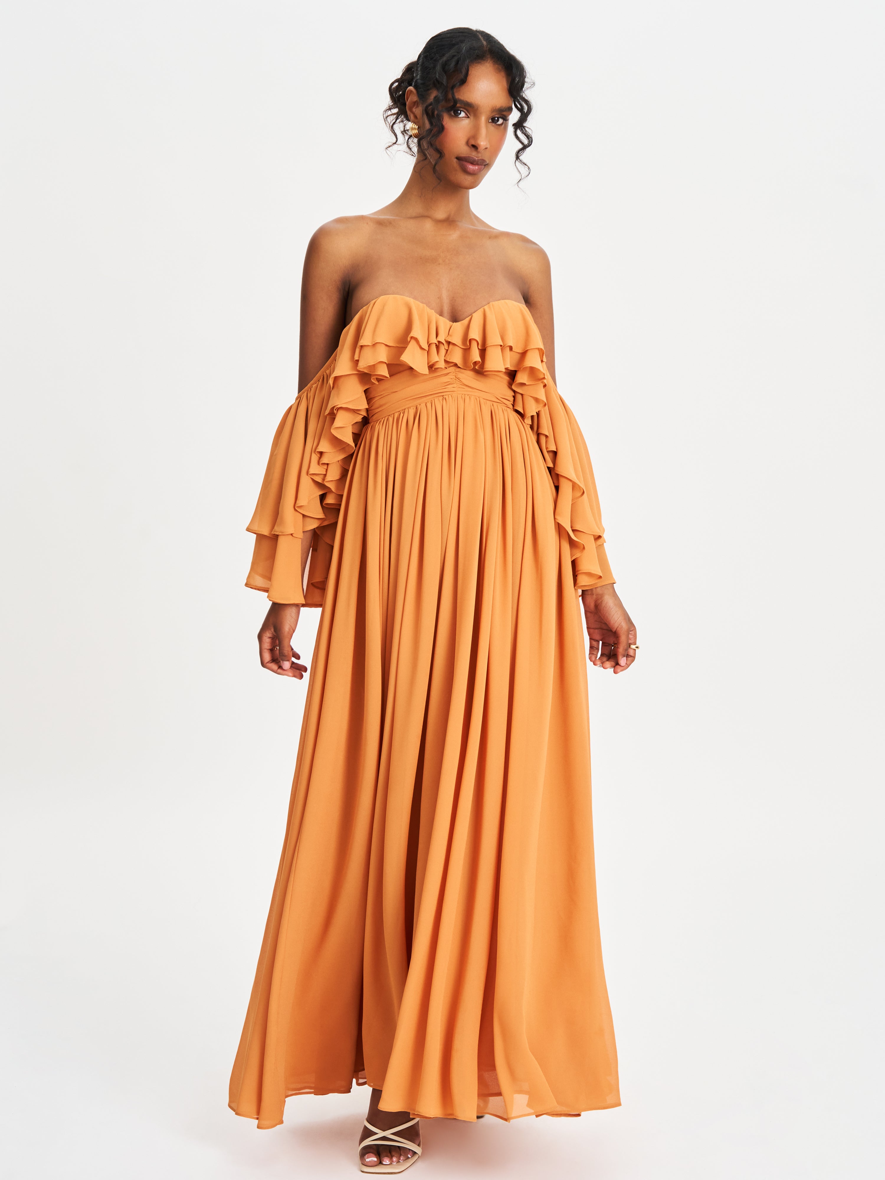 Kaela Brickwork Off Shoulder Chiffon Maxi Dress