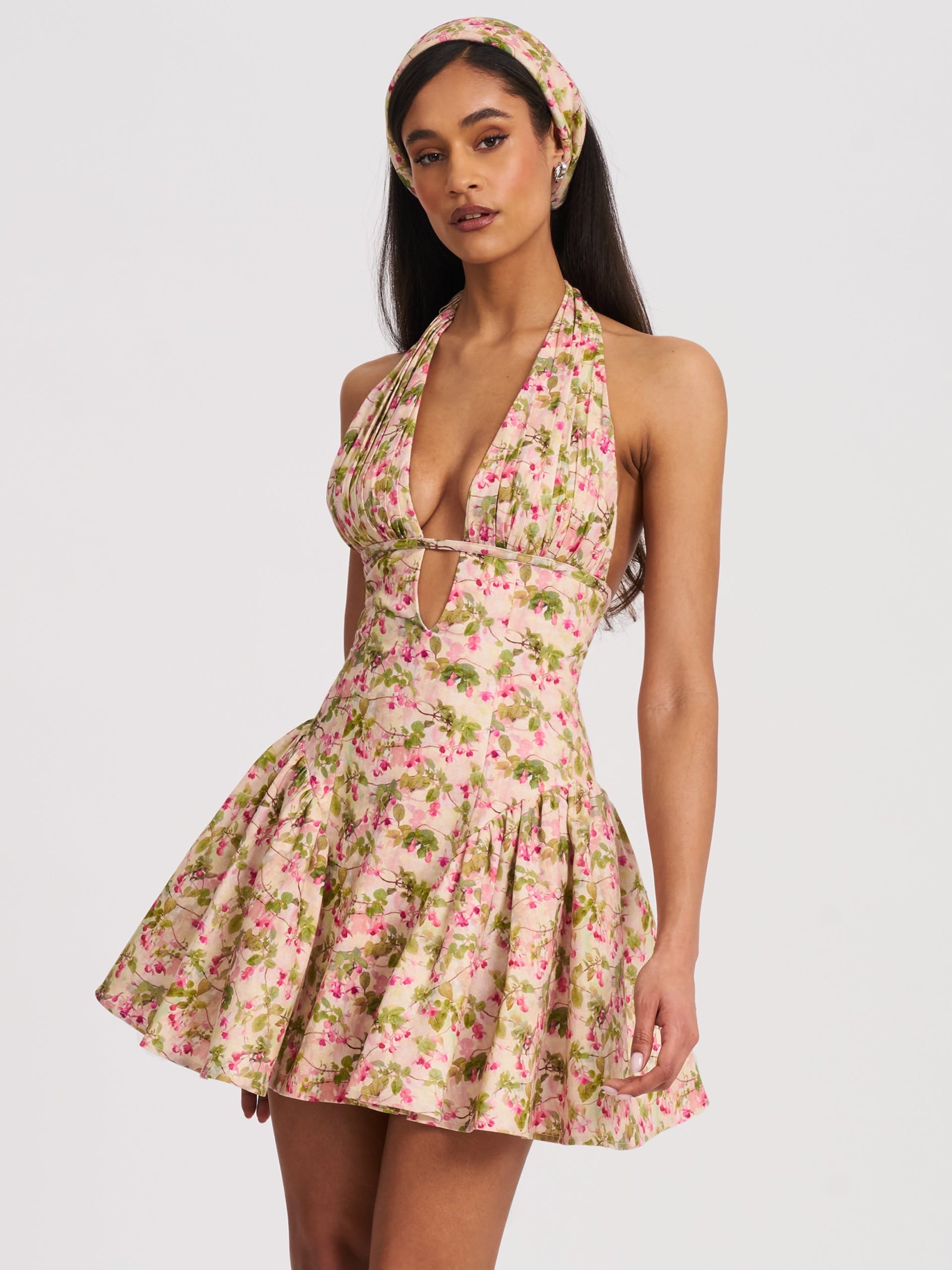 Mackenzie Green and Pink Floral Print Halter Linen Mini Dress