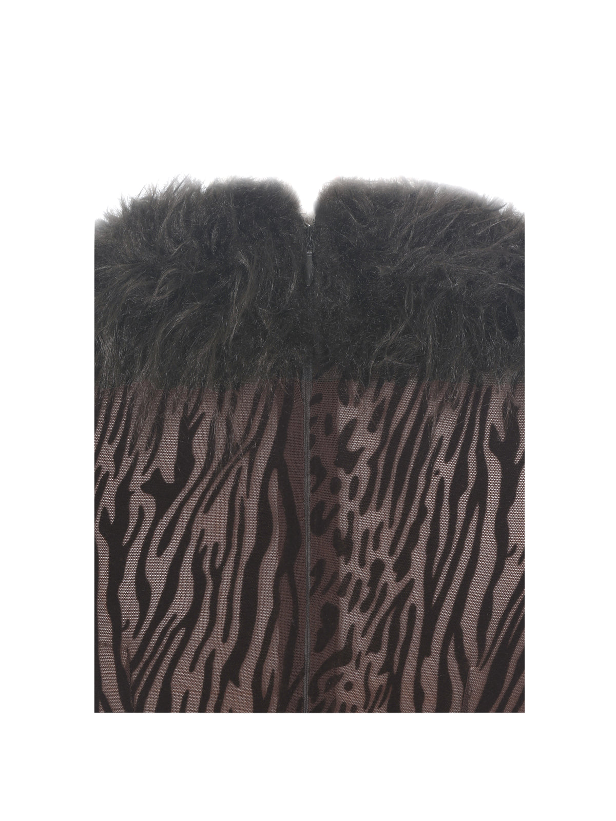 Luana Brown Plunging Fur Trimmed Burnout Mesh Maxi Dress
