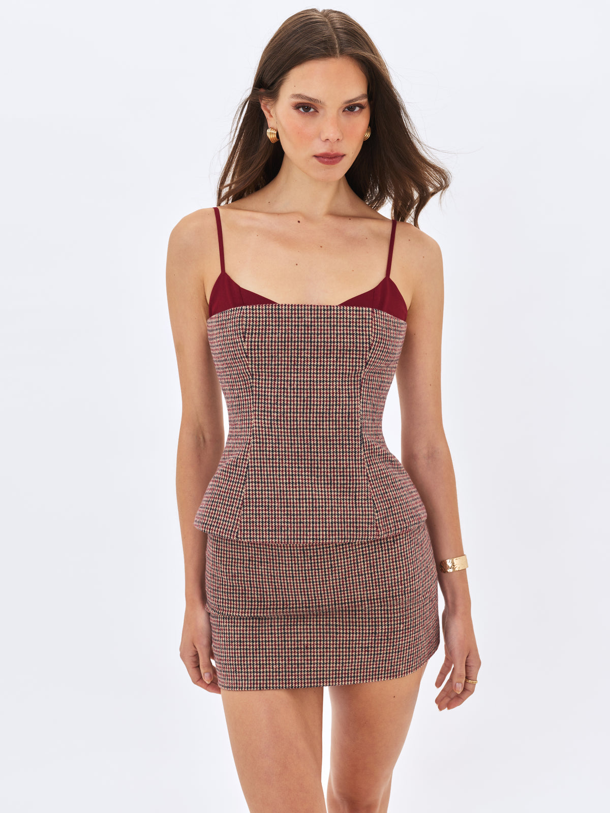 Victoire Burgundy Micro Houndstooth Sweetheart Neckline Top