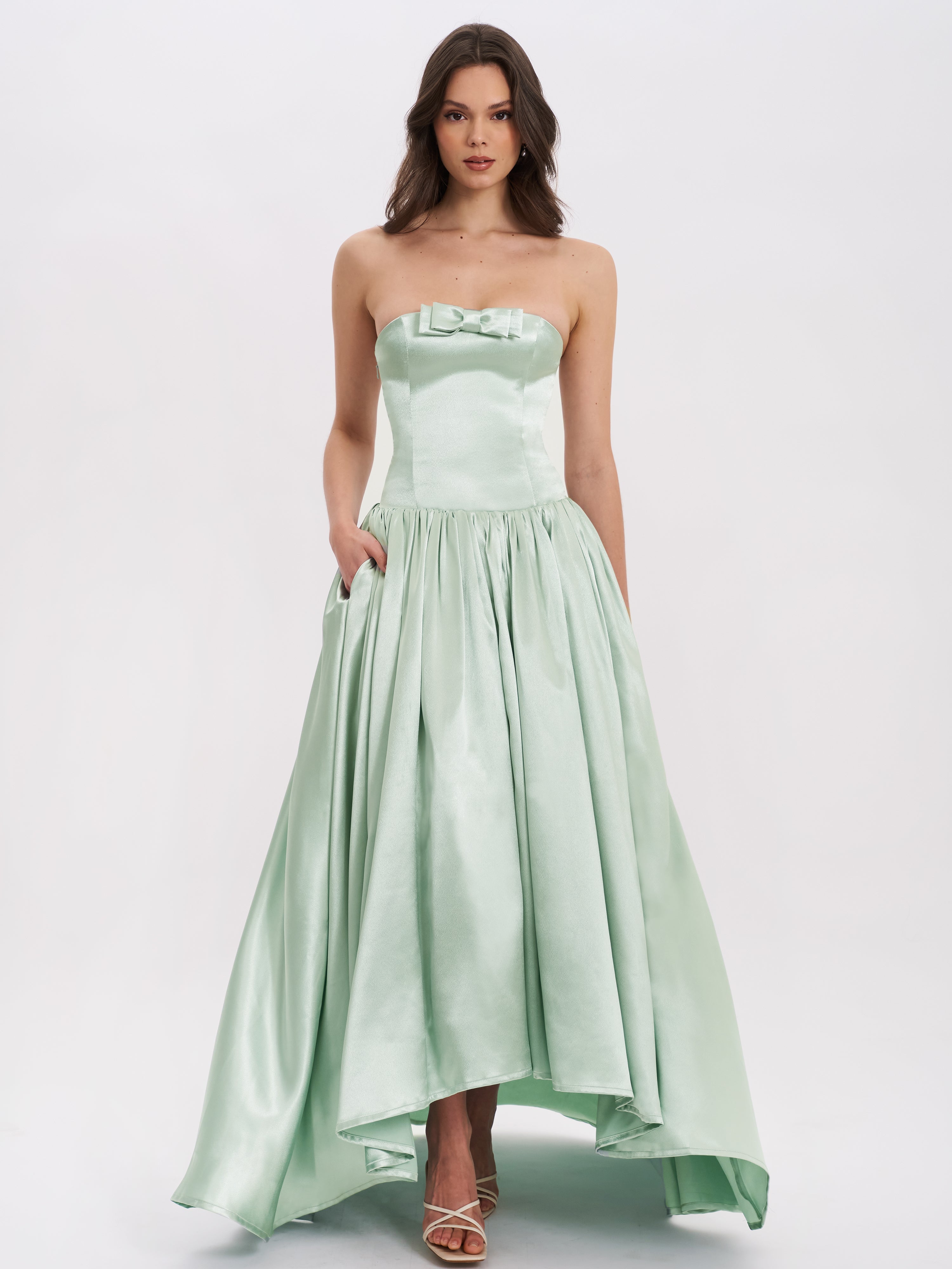 Lael Mint Green Back Button Trailing Gown