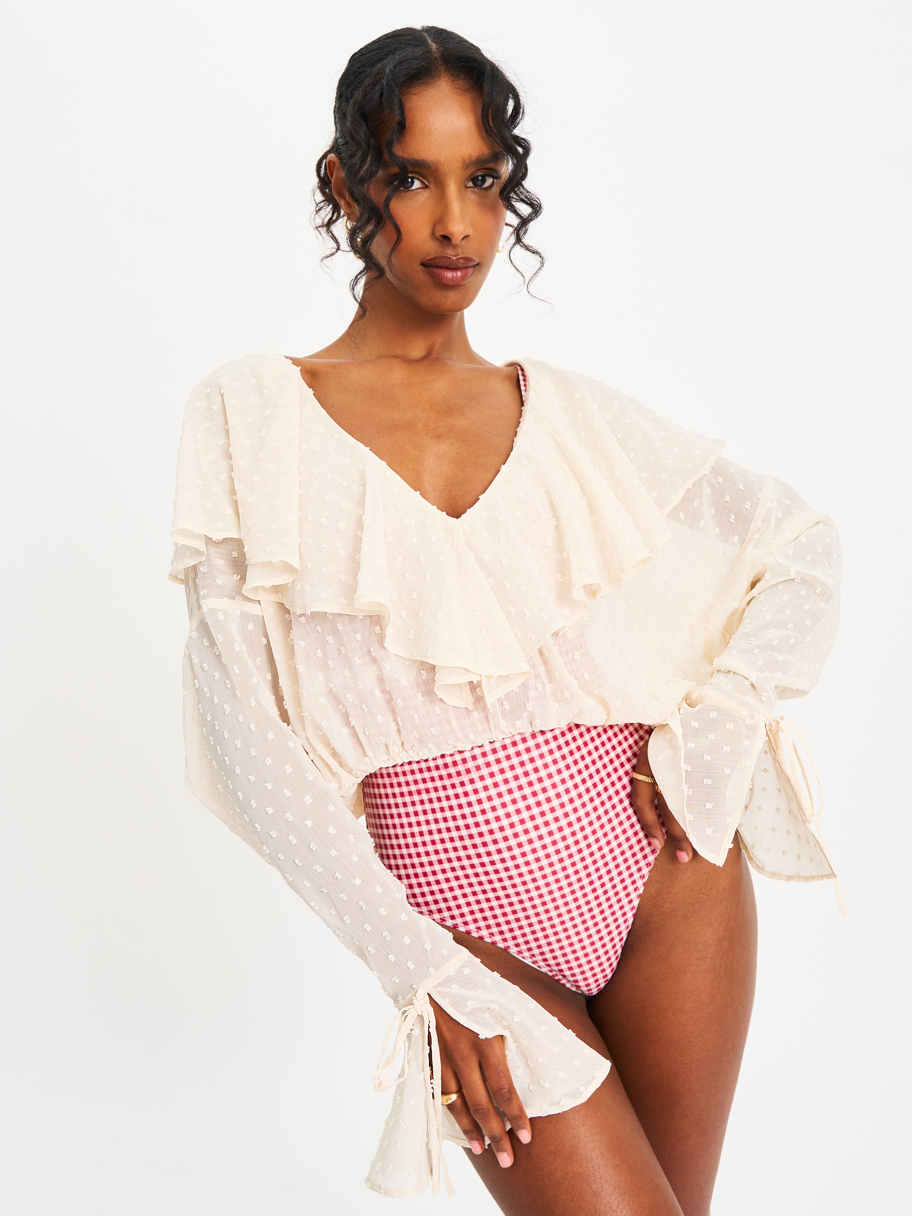 Magali Beige Dotted Mesh Ruffle V Collar Top