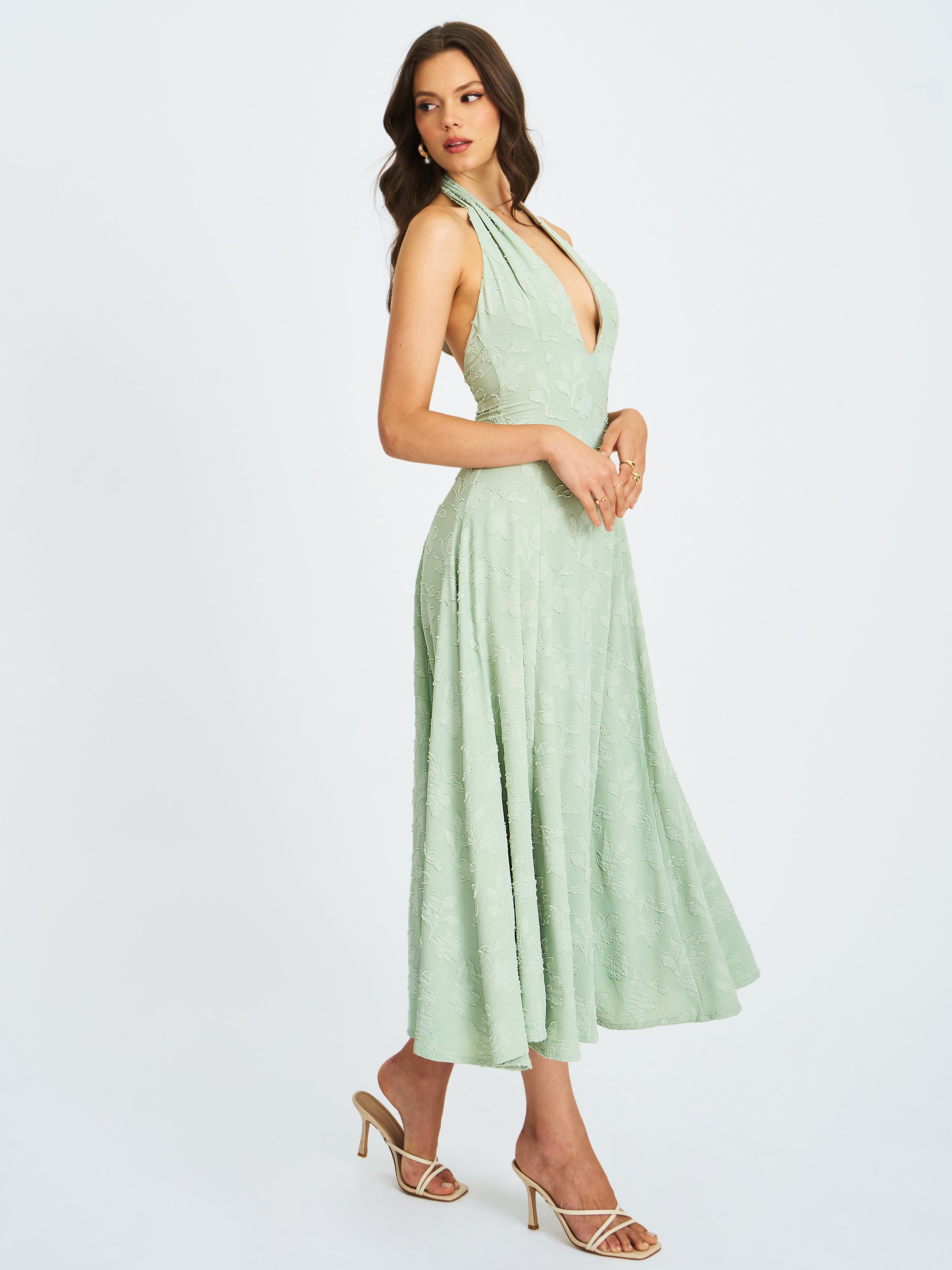 Magda Mint Green Deep V Neck Halter A-line Midi Dress