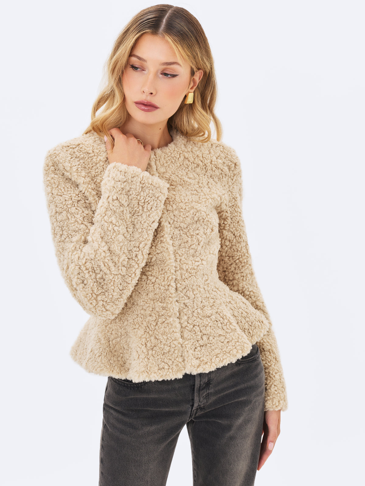 Brigitte Beige Teddy Fur Peplum Jacket