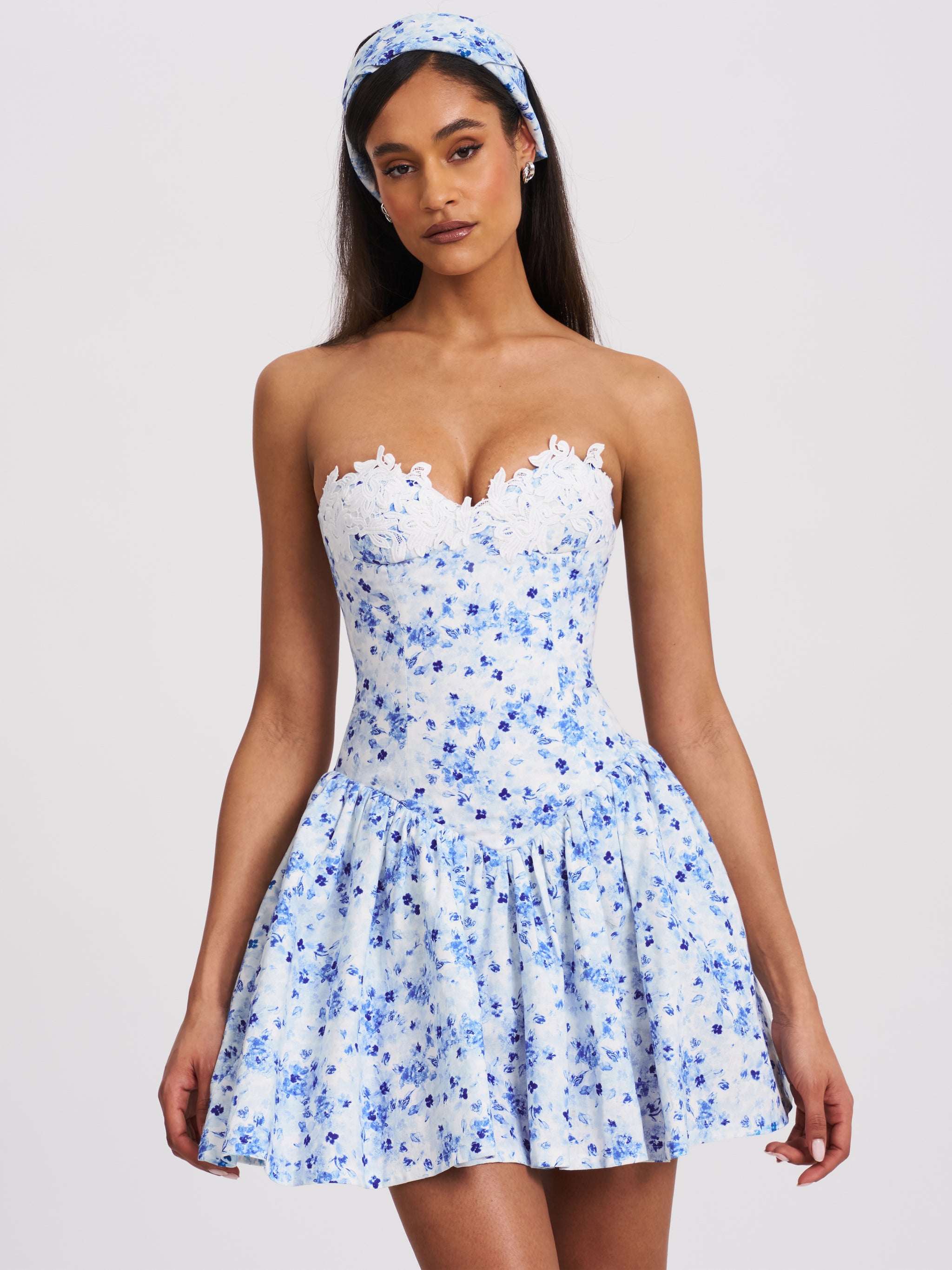Aletha Chic Light Blue Floral Lace Mini Dress with Pockets & Crystal Buttons main image 1