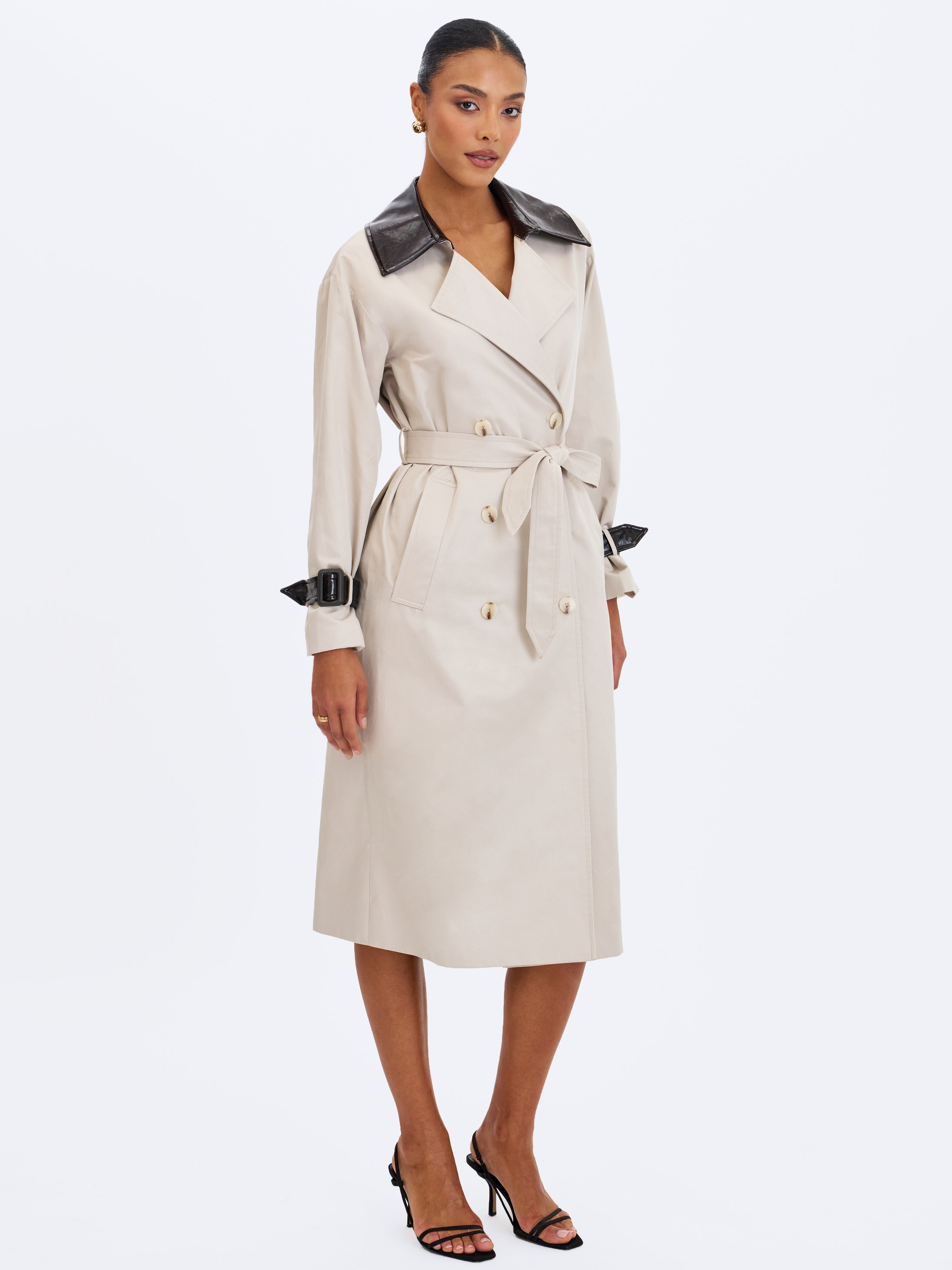 Umber Oyster Double-Breasted Faux Leather Lapel Trench Coat