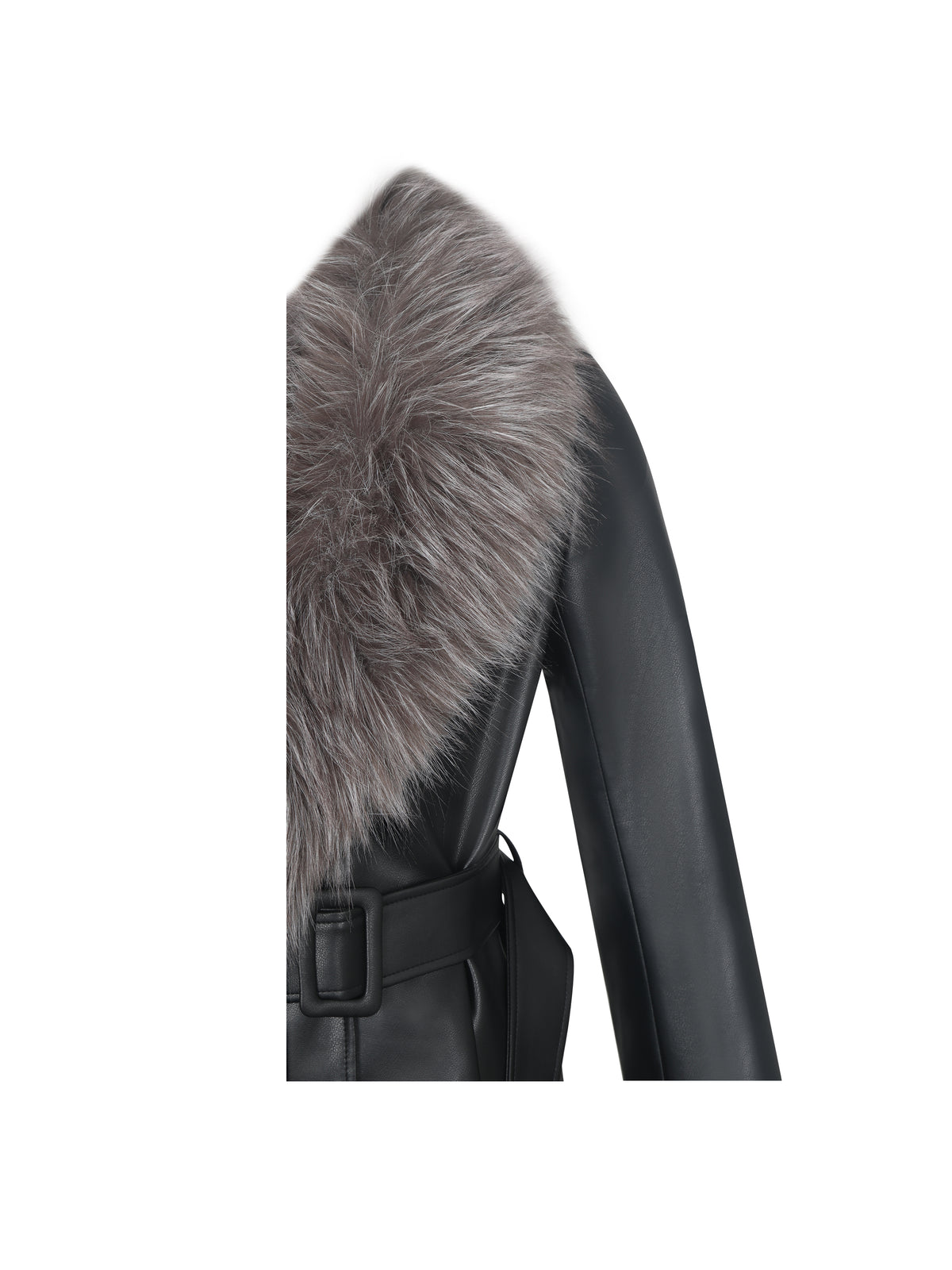 Nico Black Faux Leather Fur-Trimmed Belted A-Line Midi Coat