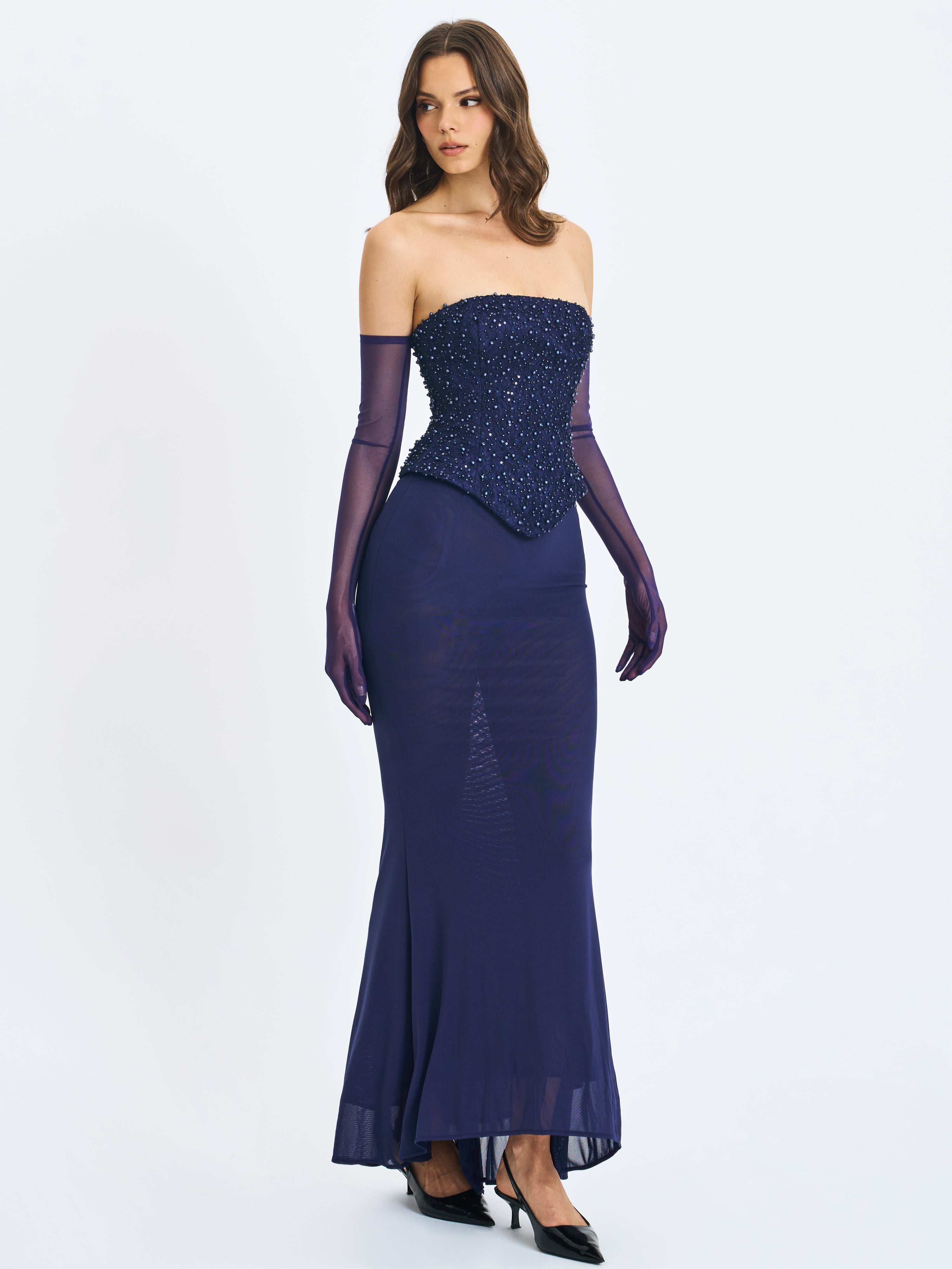 Orabelle Navy Beaded Peplum Mermaid Gown with Lace-up Back