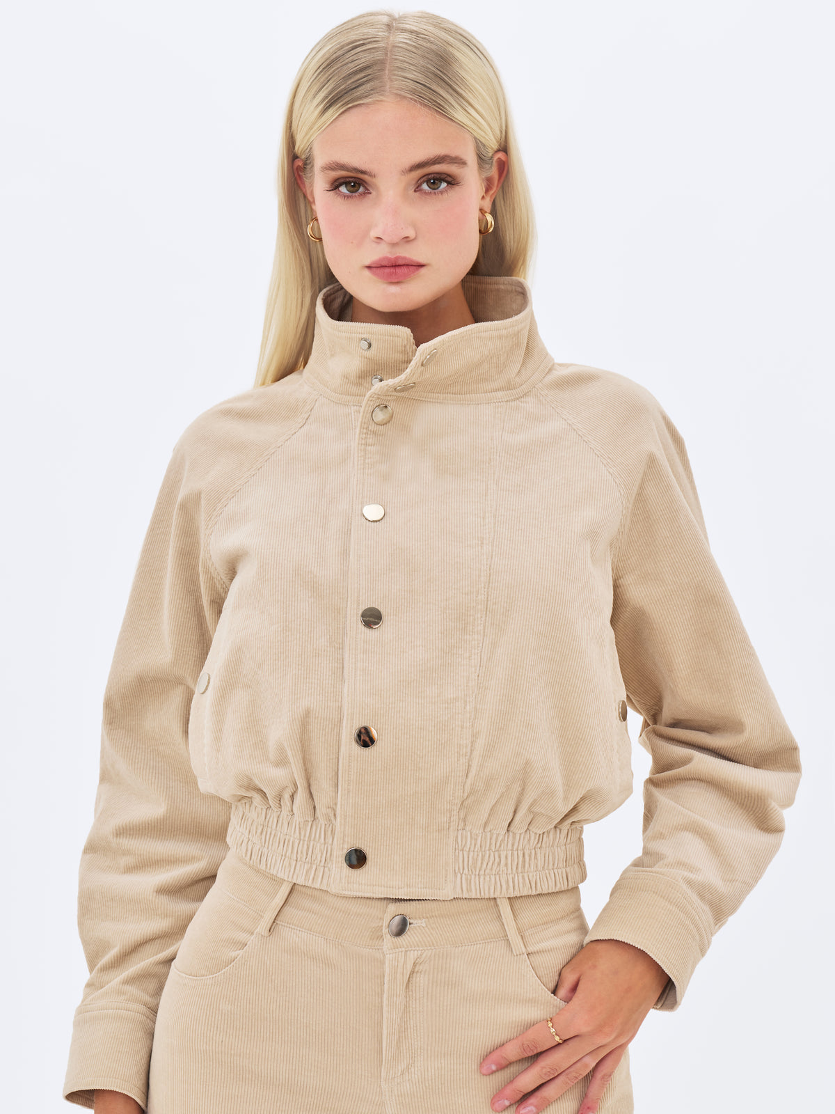 Romilly Beige Cotton Corduroy Funnel Collar Jacket