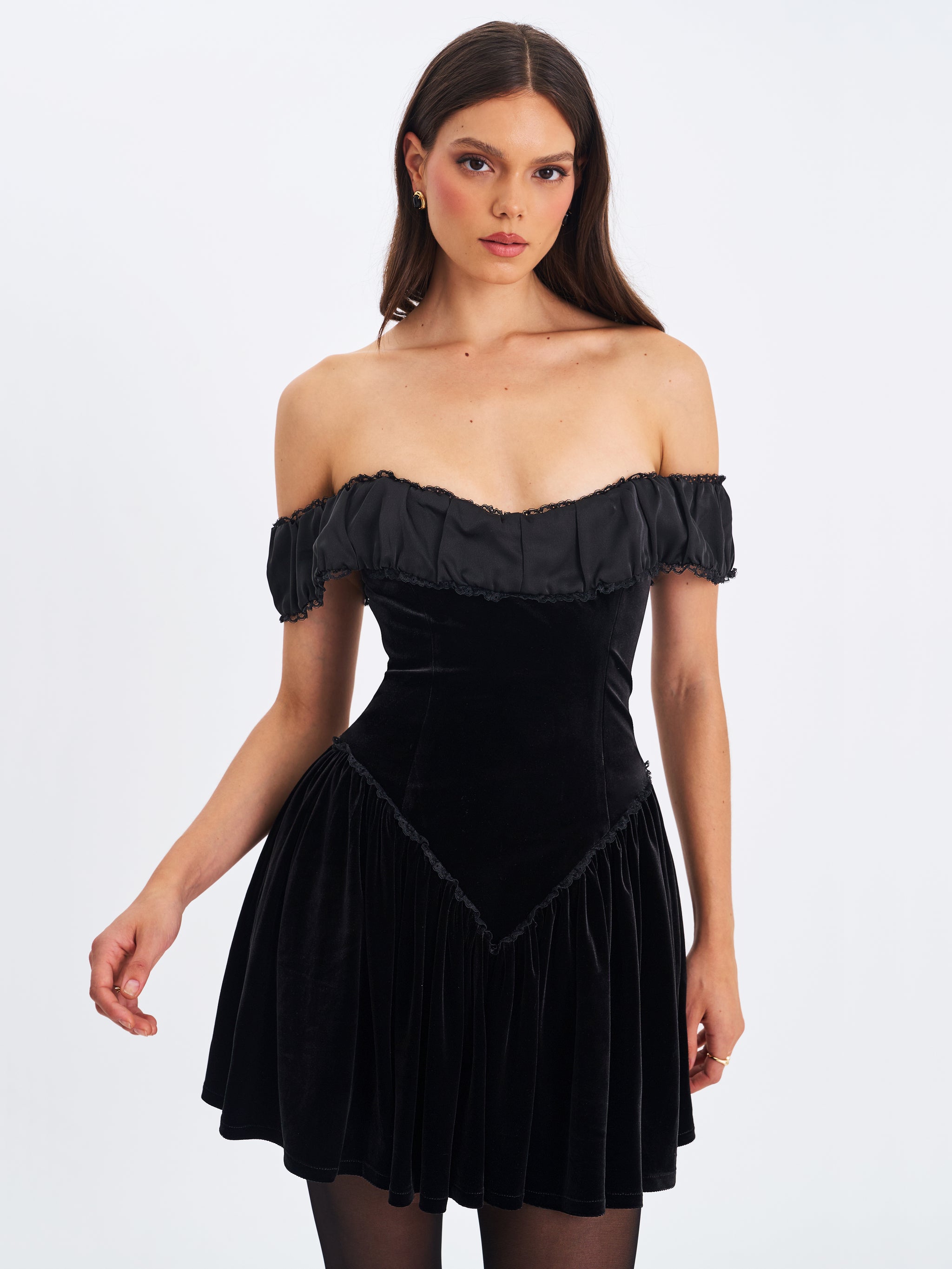 vale black off shoulder mini dress Miss Circle Daisha Black Lace Trimmed Off-Shoulder Ruched Mini Dress XS