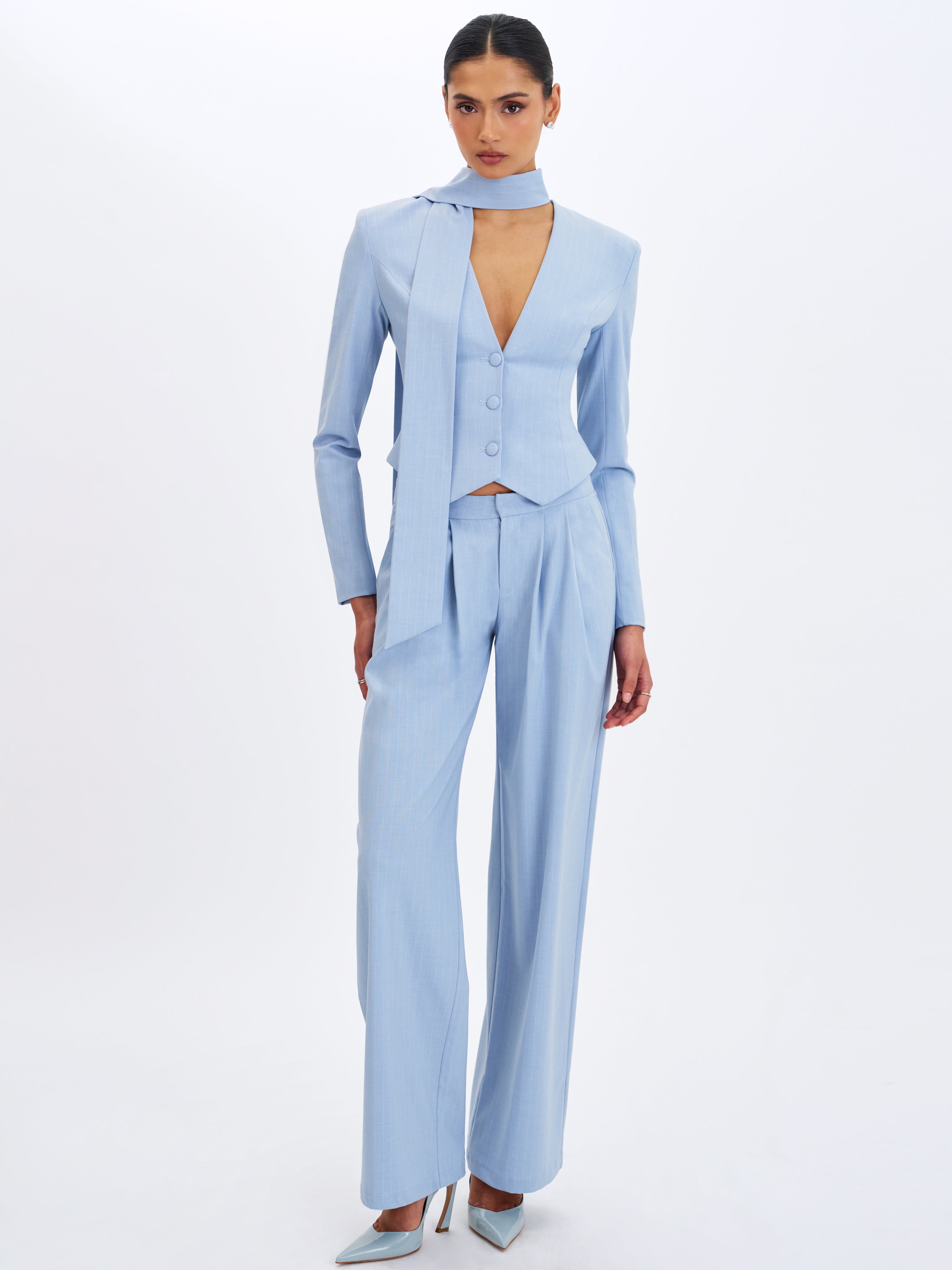 Renley Sky Blue Pinstripe Peplum Blazer