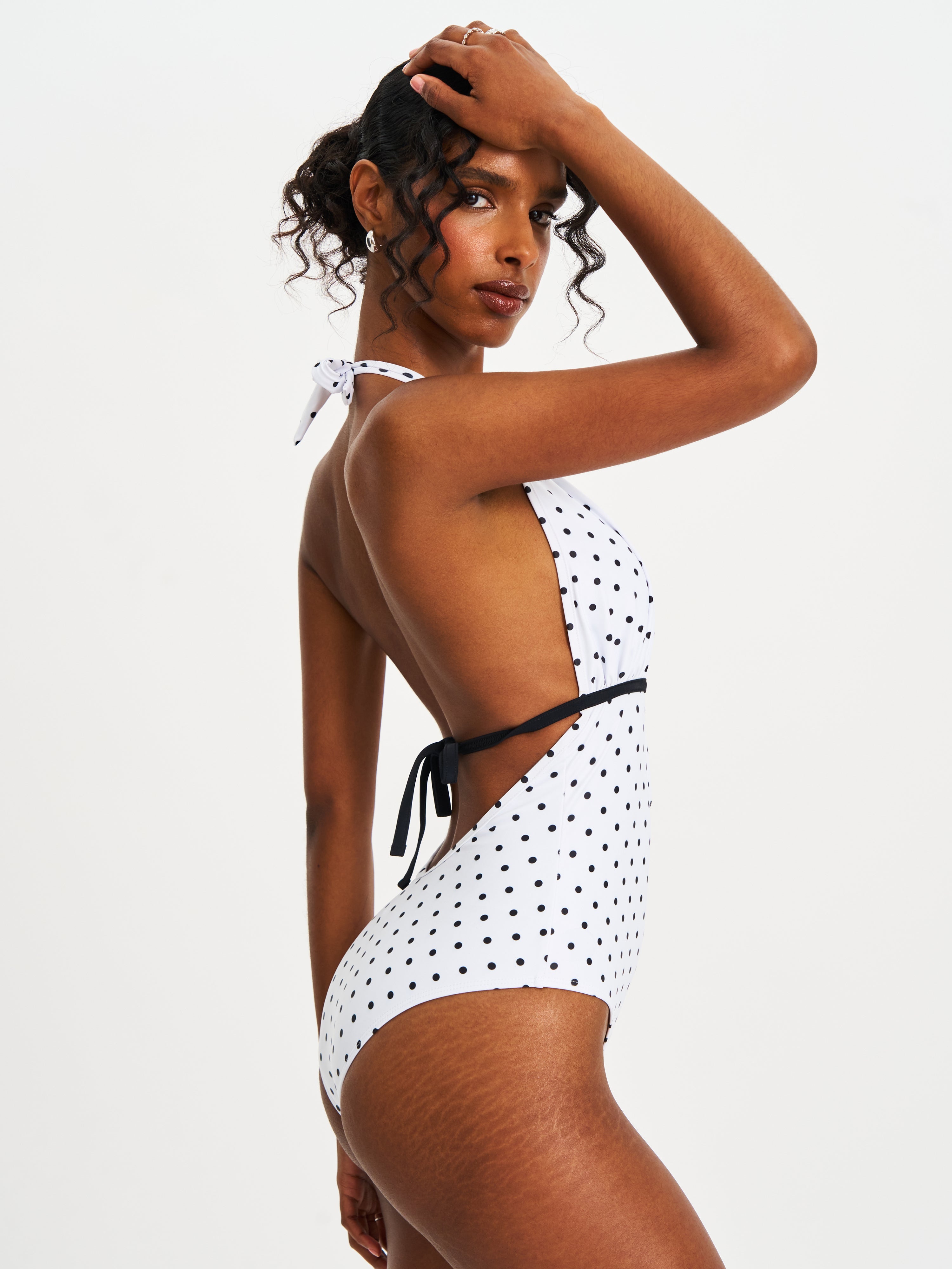 Olive White Base Polka Dot Ruched Breast Halter Backless Swimsuit