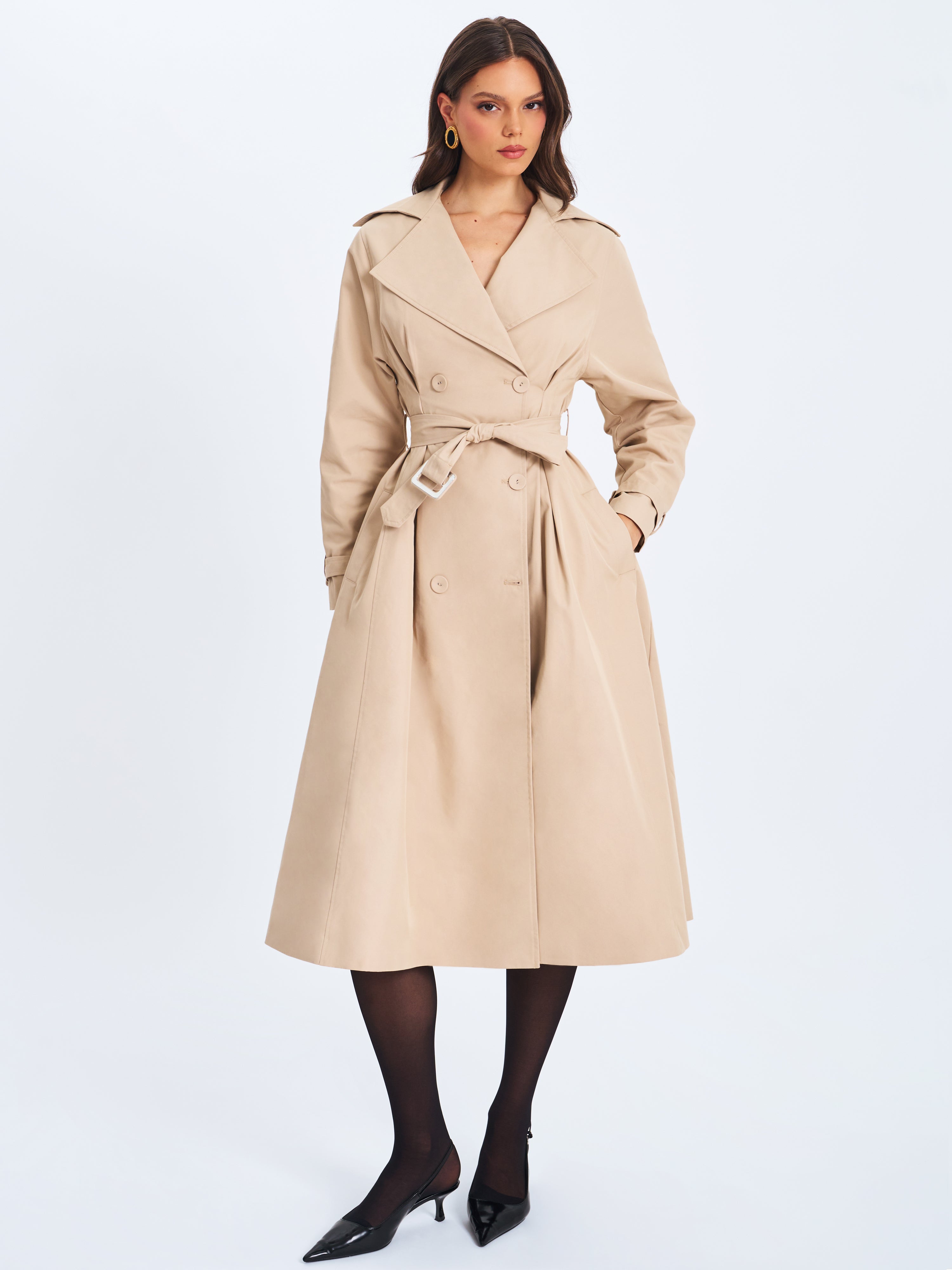 Ulila Beige Double-Breasted Pleated Cotton-Blend Trench Coat