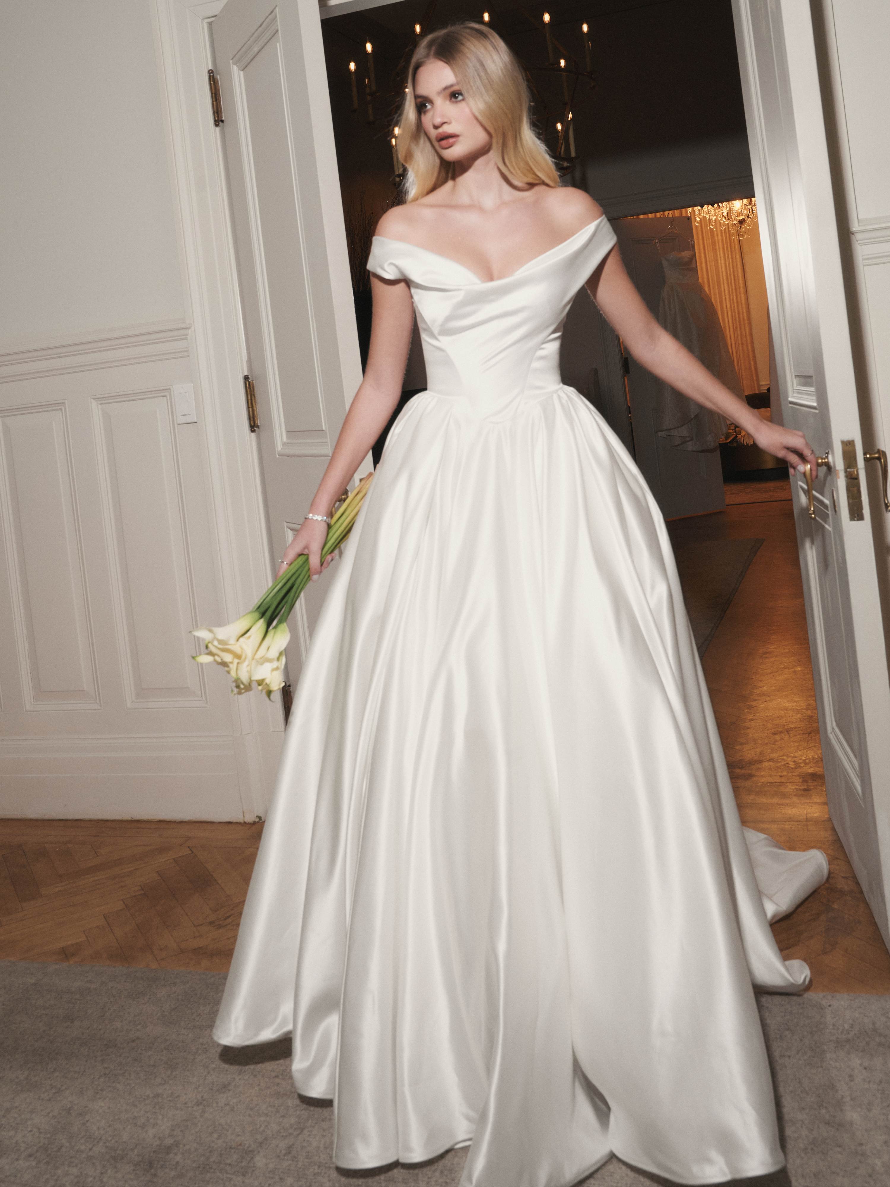 Unna White Satin Bardot Cowl Wedding Gown (PREORDER)