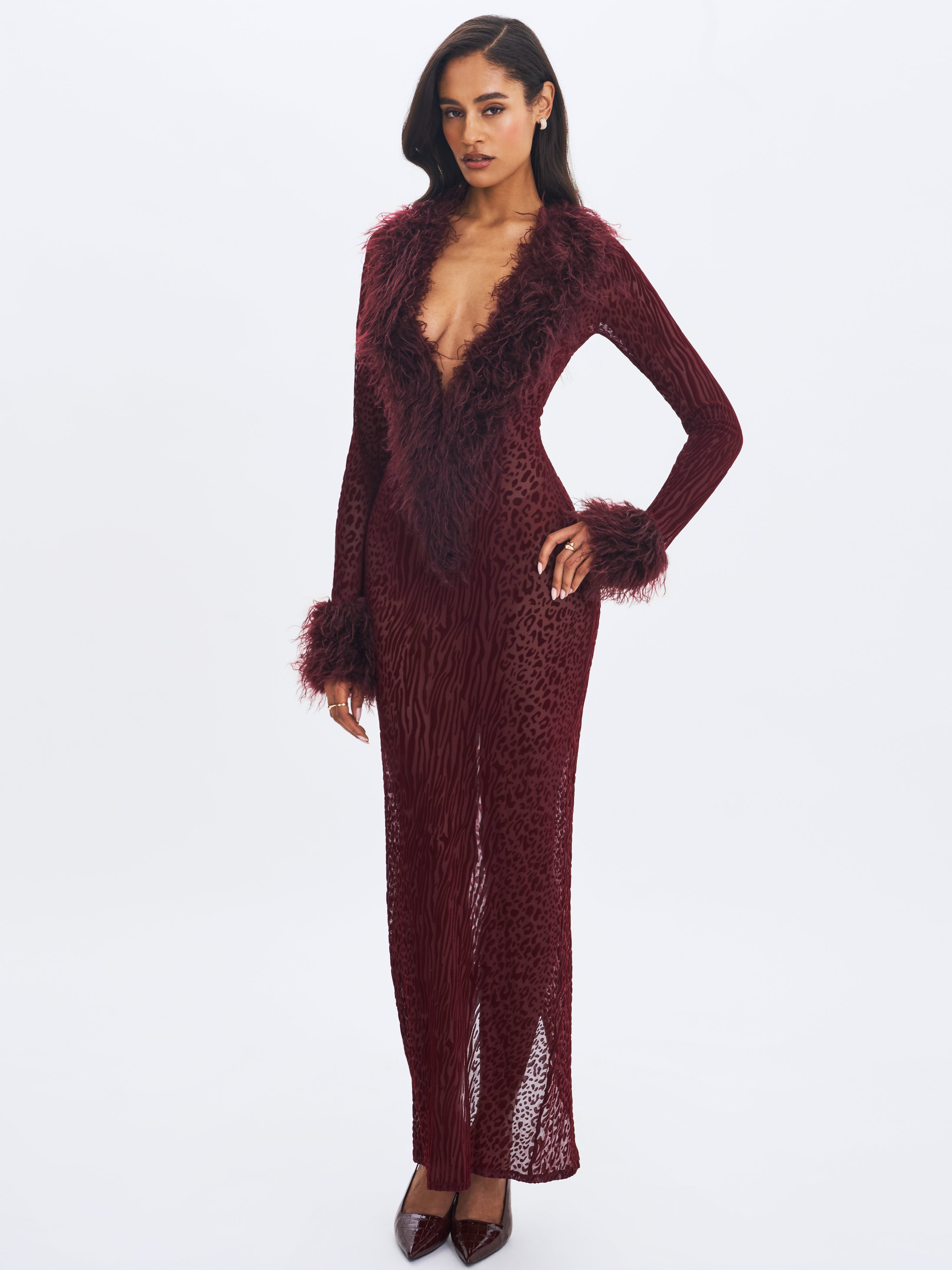 Luana Burgundy Plunging Fur Trimmed Crochet Maxi Dress