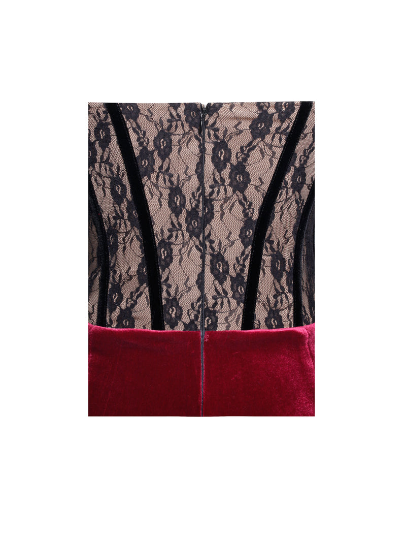 Gaia Burgundy Lace Velvet Corset Side Slit Dress