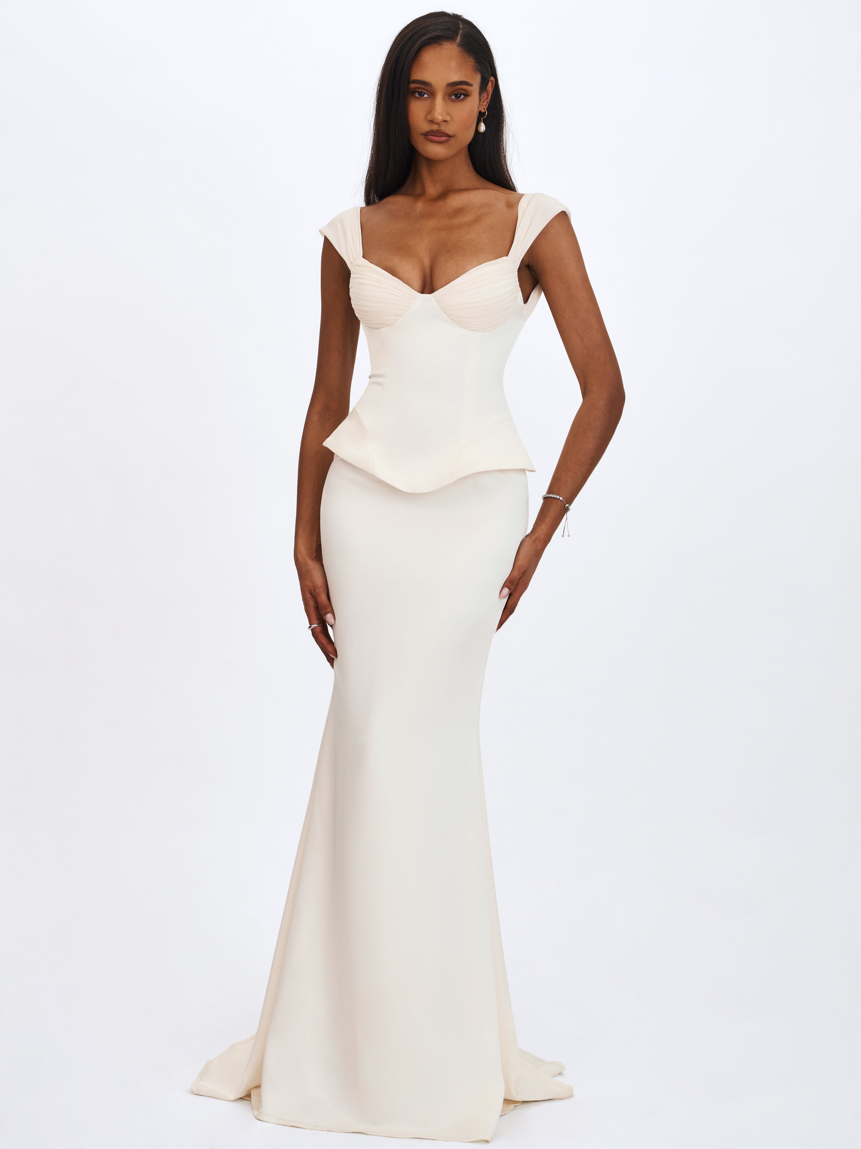 Jessalyn Ivory Sweetheart Peplum Mermaid Wedding Dress with Chiffon Scarf (PREORDER)