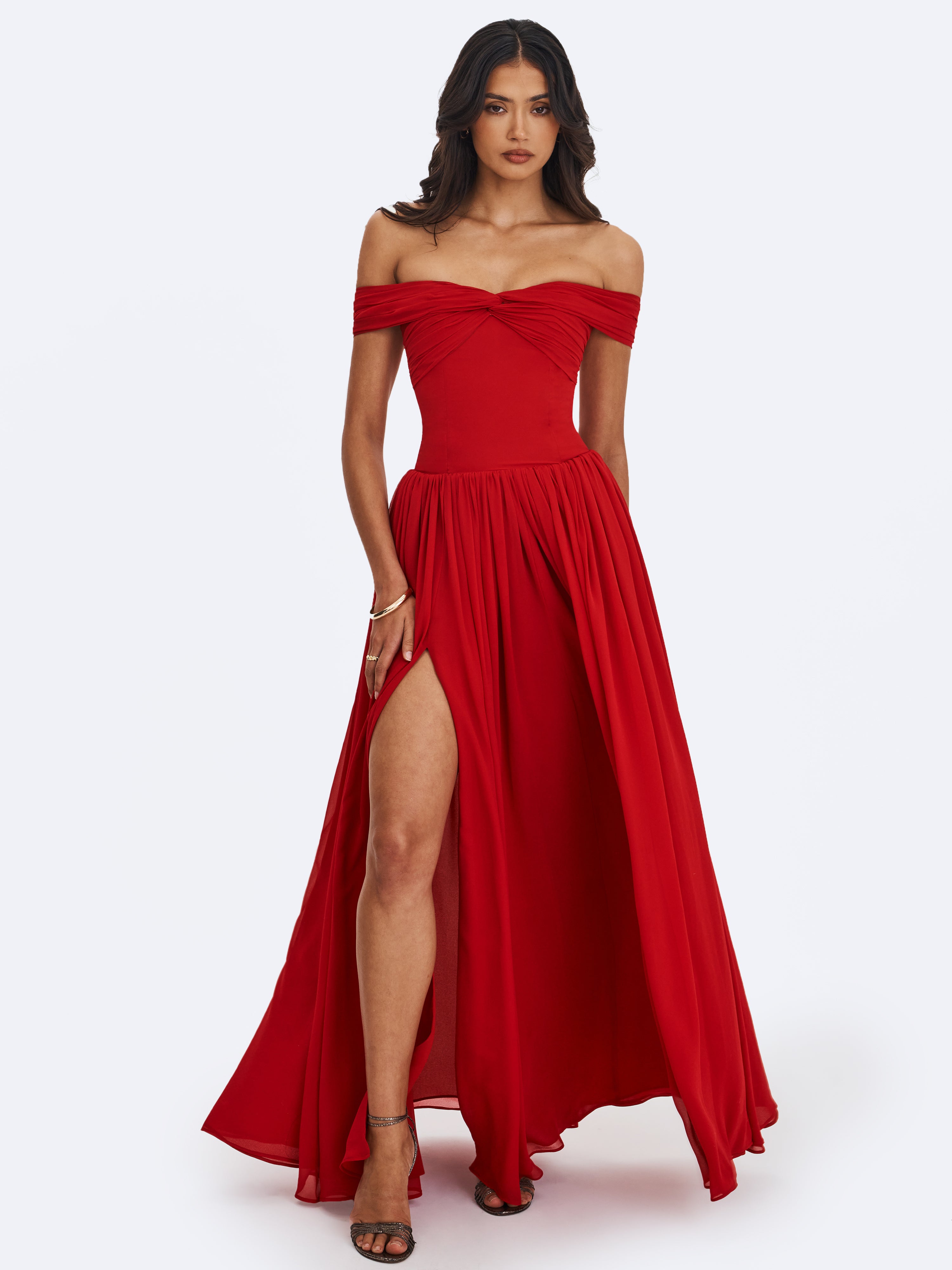 Tereza Crimson Georgette Bardot High-Slit Maxi Dress