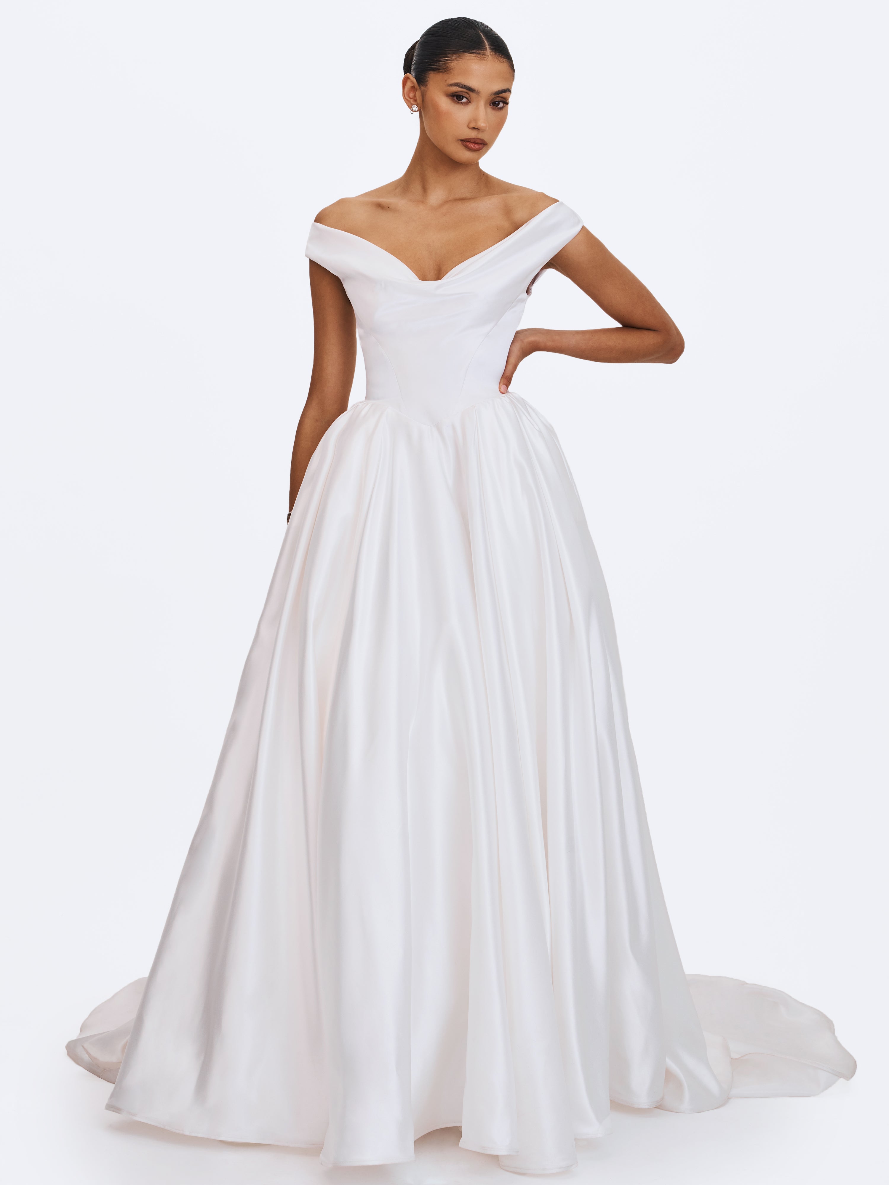 Unna White Satin Bardot Cowl Wedding Gown (PREORDER)