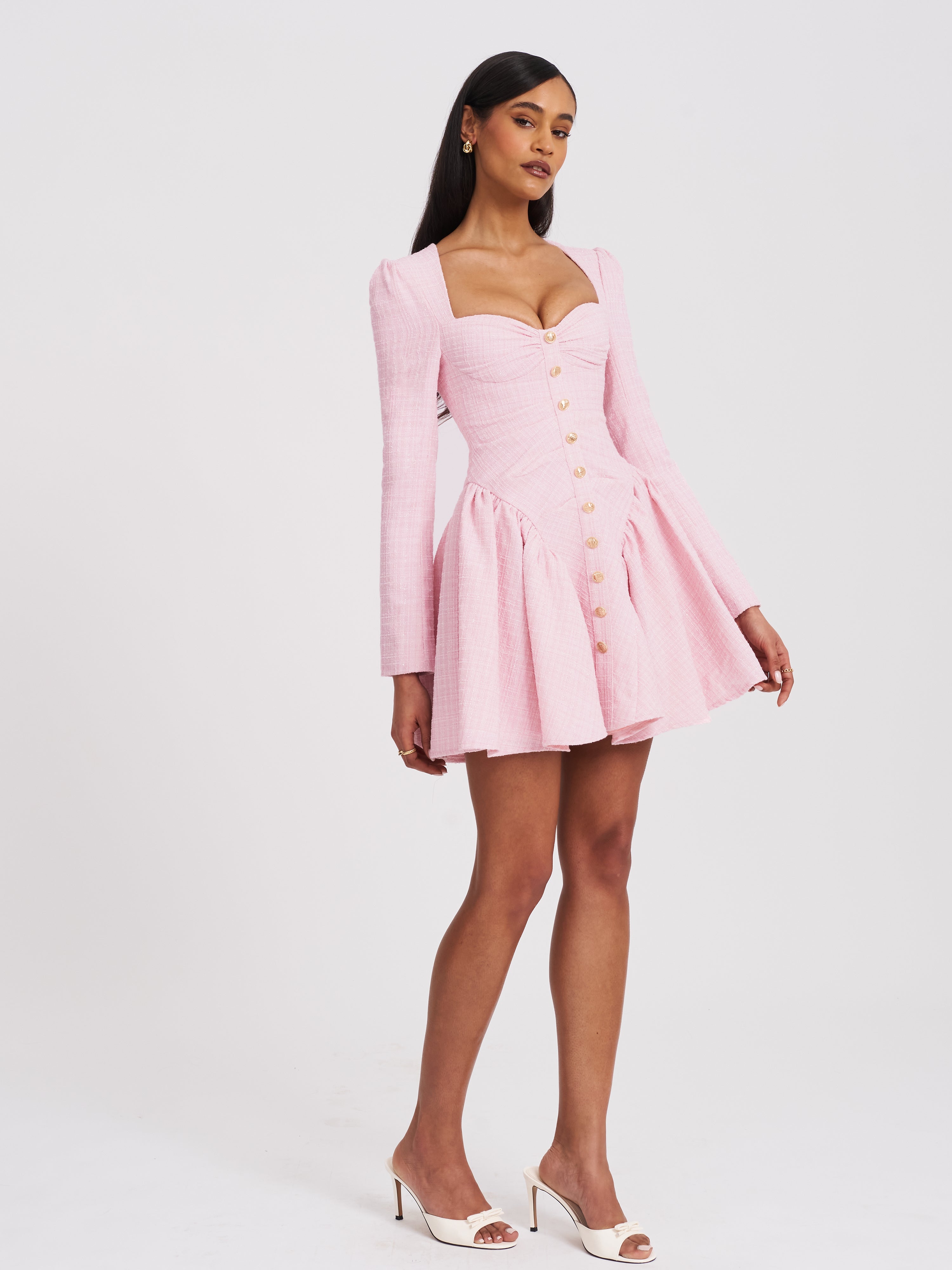 Tae Pink Tweed Long Sleeve Drop Waist Mini Dress (Archive Sale)
