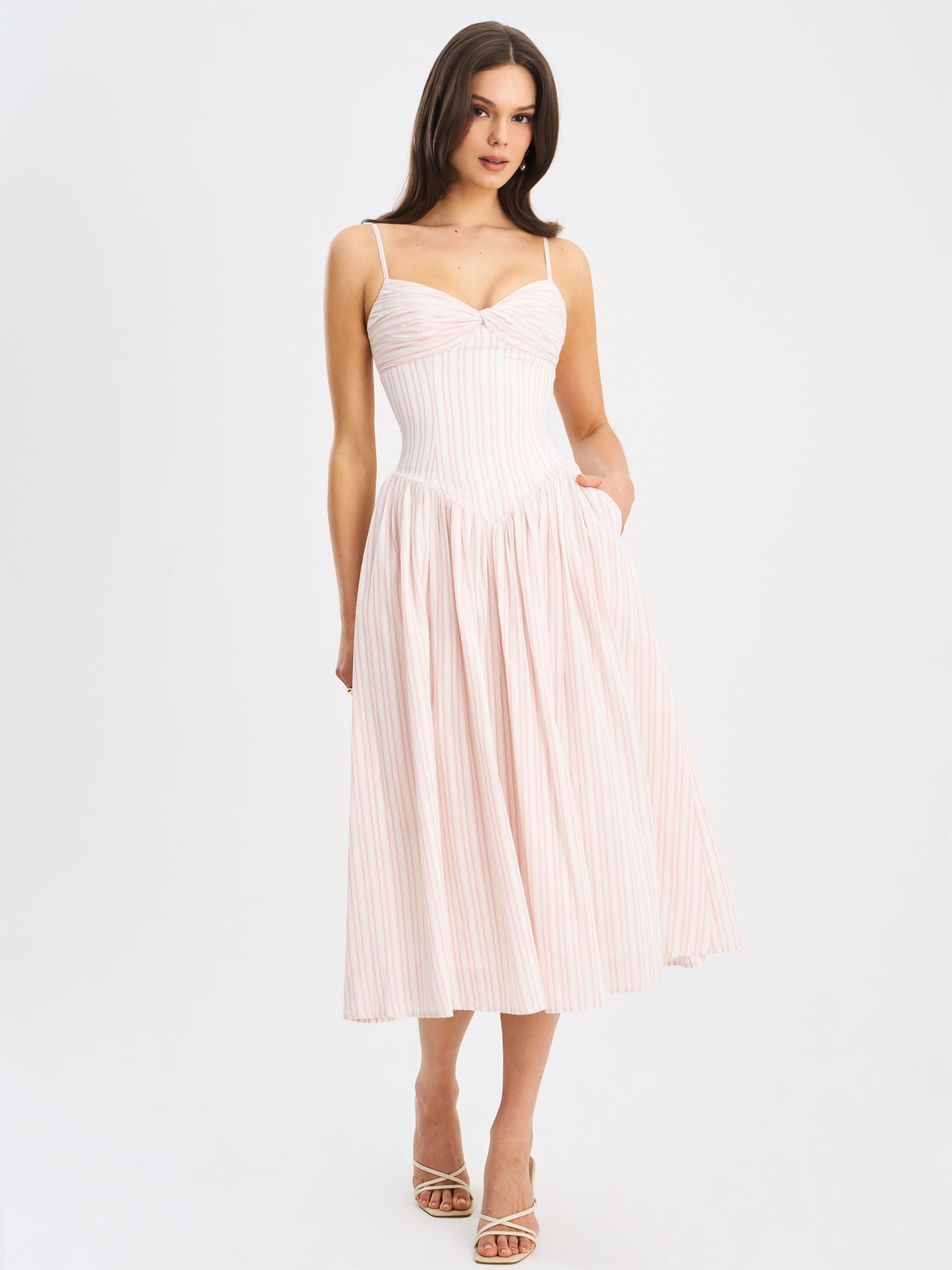 Zania Pink Stripe Ruched Breast Cotton Jacquard Midi Dress