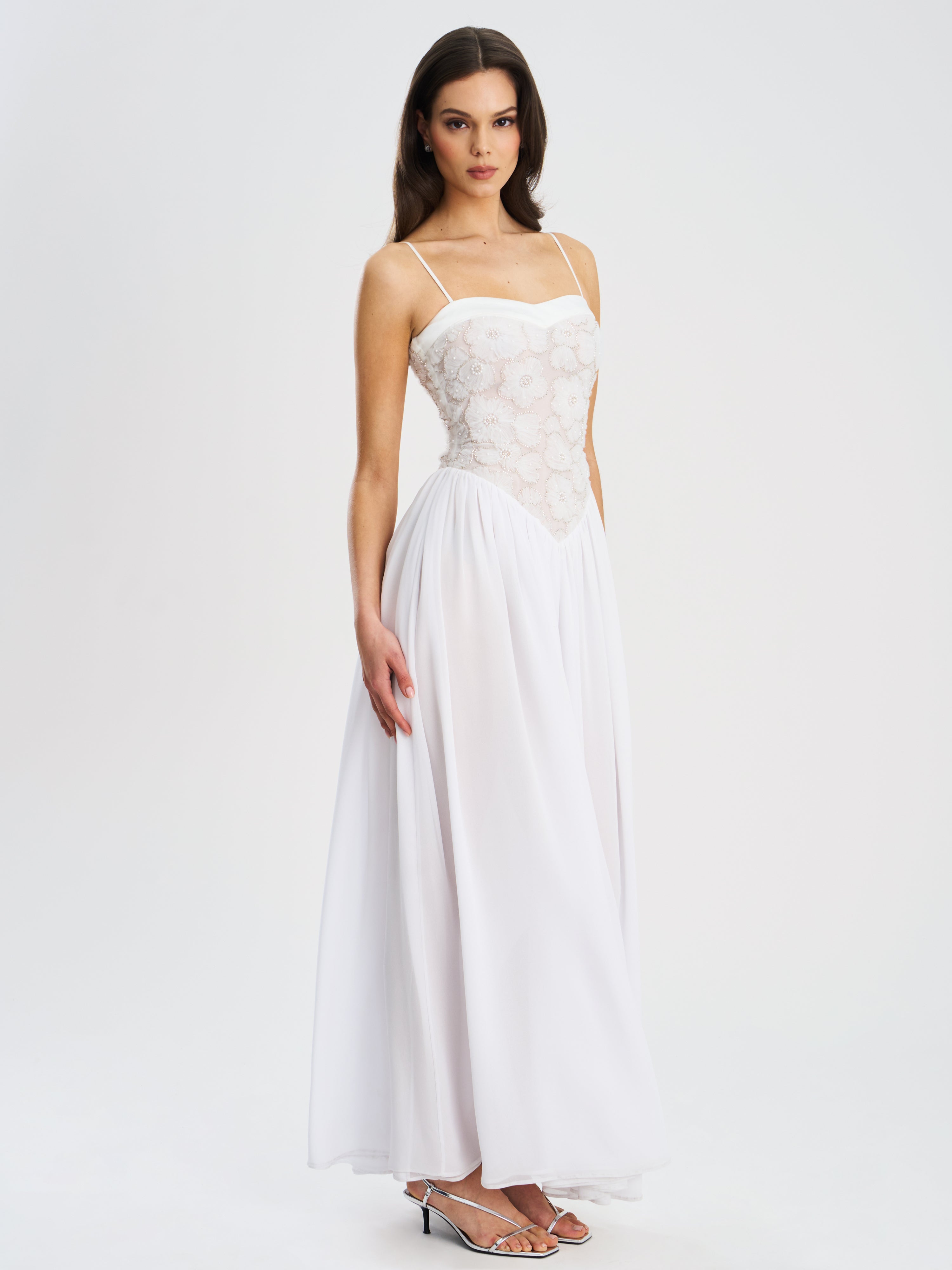 Ucille White Embroidered Chiffon Maxi Dress (Archive Sale)