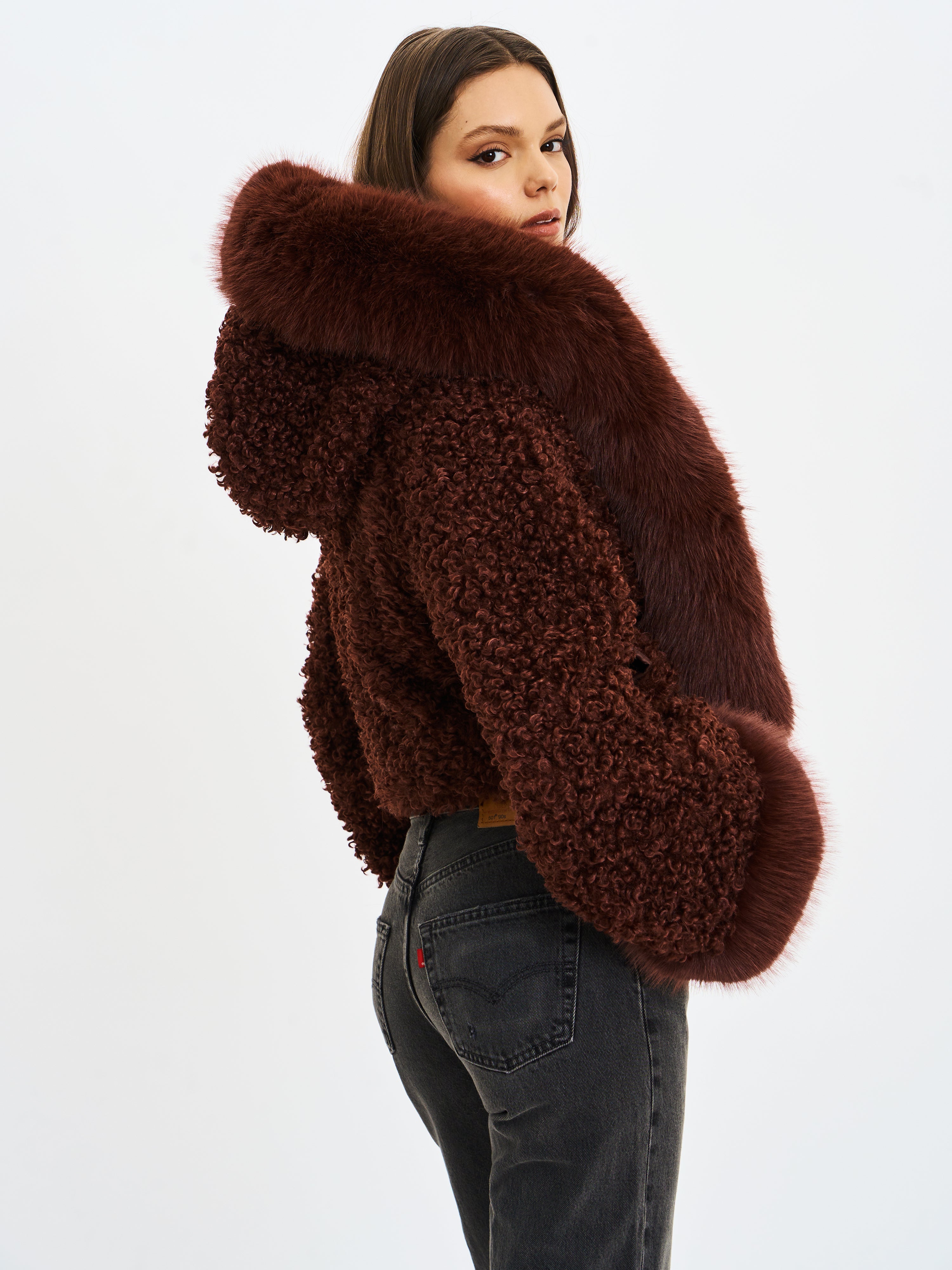 Kali Mahogany Cropped Vegan Shearling Fur Jacket