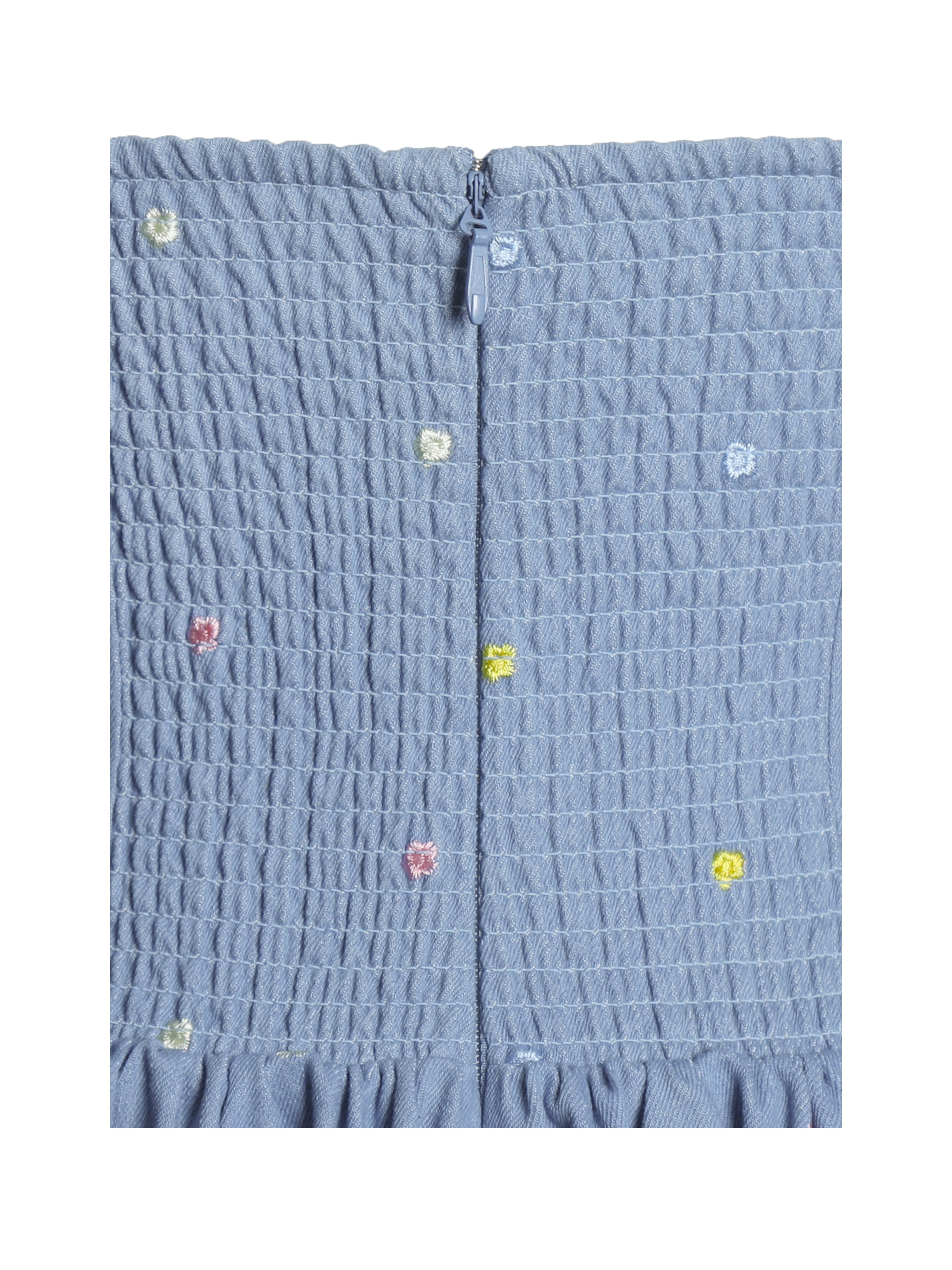 Zadie Cotton Denim Drop Waist Embroidery Flower Midi Dress